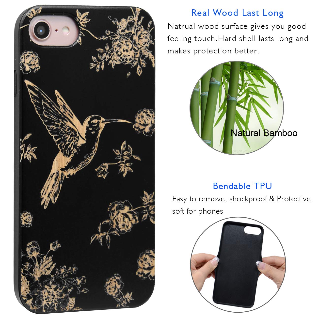 Premium Wooden Phone Case Compatible with iPhone 8 Plus/7 Plus/6 Plus/6S Plus - Black Bamboo Cover with Hummingbird Engraving & Built-in Metal Plate (5.5 Inch) + Free Screen Protector | Eco-Friendly Protective Case for Daily Use, Travel & Outdoor Activities