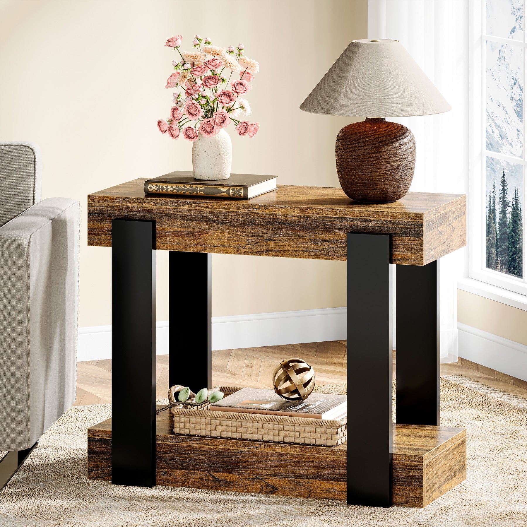 2 Tier Wooden End Table - Rustic Farmhouse Side Table for Living Room, Bedroom, or Office - Perfect for Storage & Decor