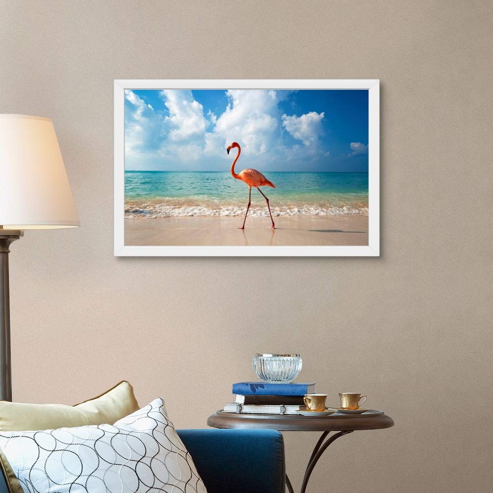 Flamingo Walking Along Beach White Framed Art Print - Tropical Flamingo Wall Decor for Living Room, Bathroom & Coastal Home Decor