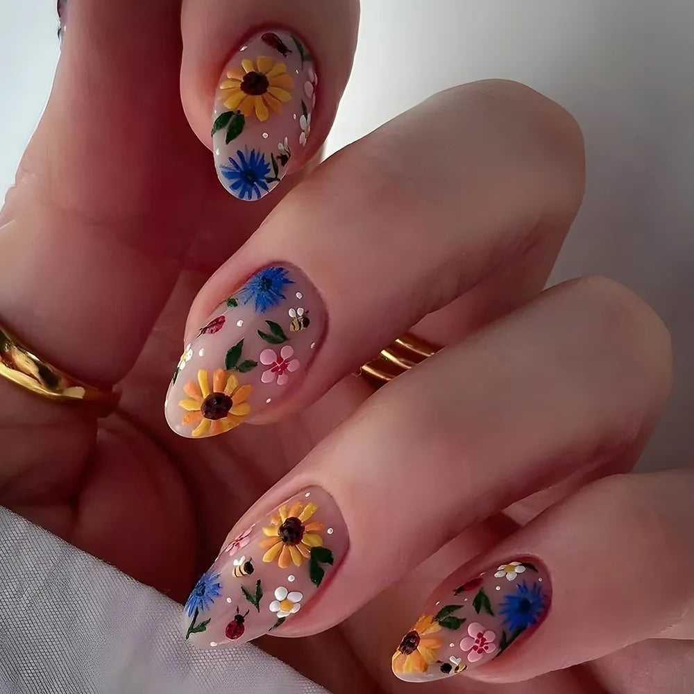 24Pcs Short Almond Press on Nails - Full Cover False Nails with Garden Flower Design, Colorful Wearable Manicure for Women & Girls | Perfect for Parties, Weddings, Daily Wear & Nail Art Enthusiasts