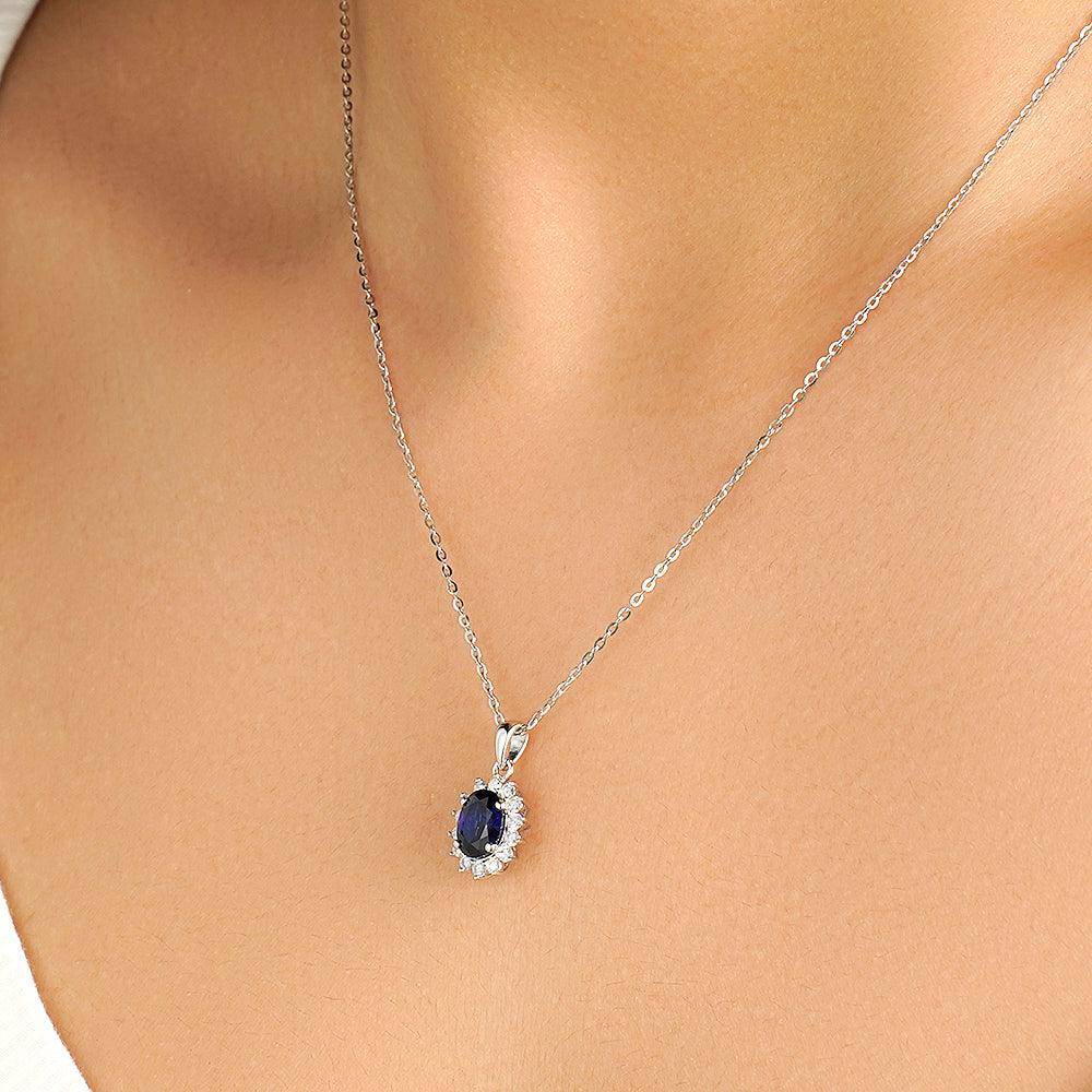 1.64 CT Floral Halo Oval Sapphire Pendant Necklace - Elegant Blue Gemstone Jewelry for Women, Perfect for Weddings, Anniversaries & Special Occasions