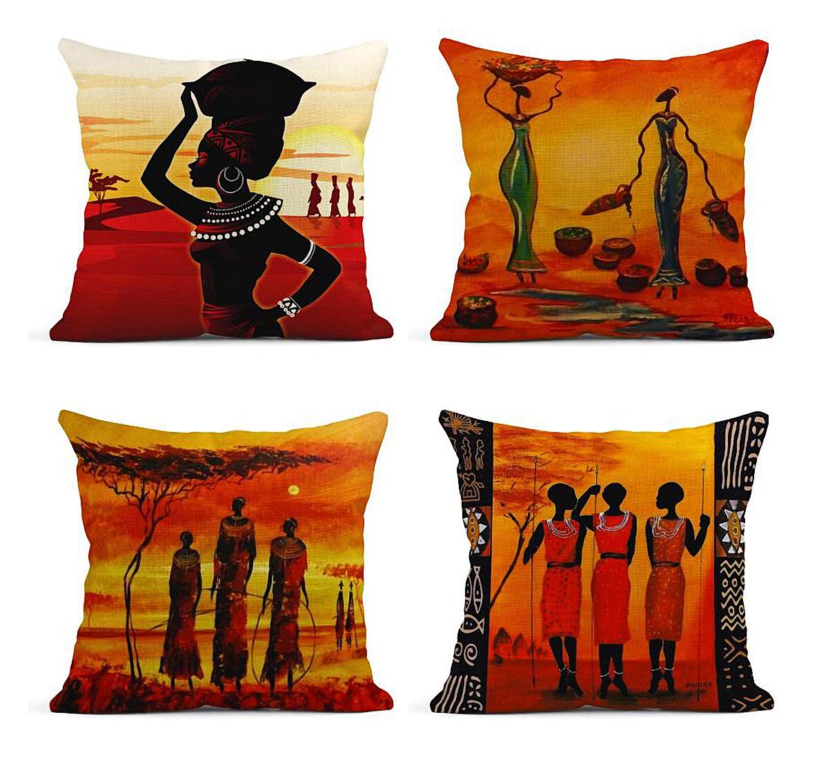 ArtSocket Set of 4 Linen Throw Pillow Covers 18x18 Inches - African Tribal Art Oil Painting Design with Ethnic Lady & Lips Pattern for Living Room Decor, Sofa, Bedroom & Home Accents