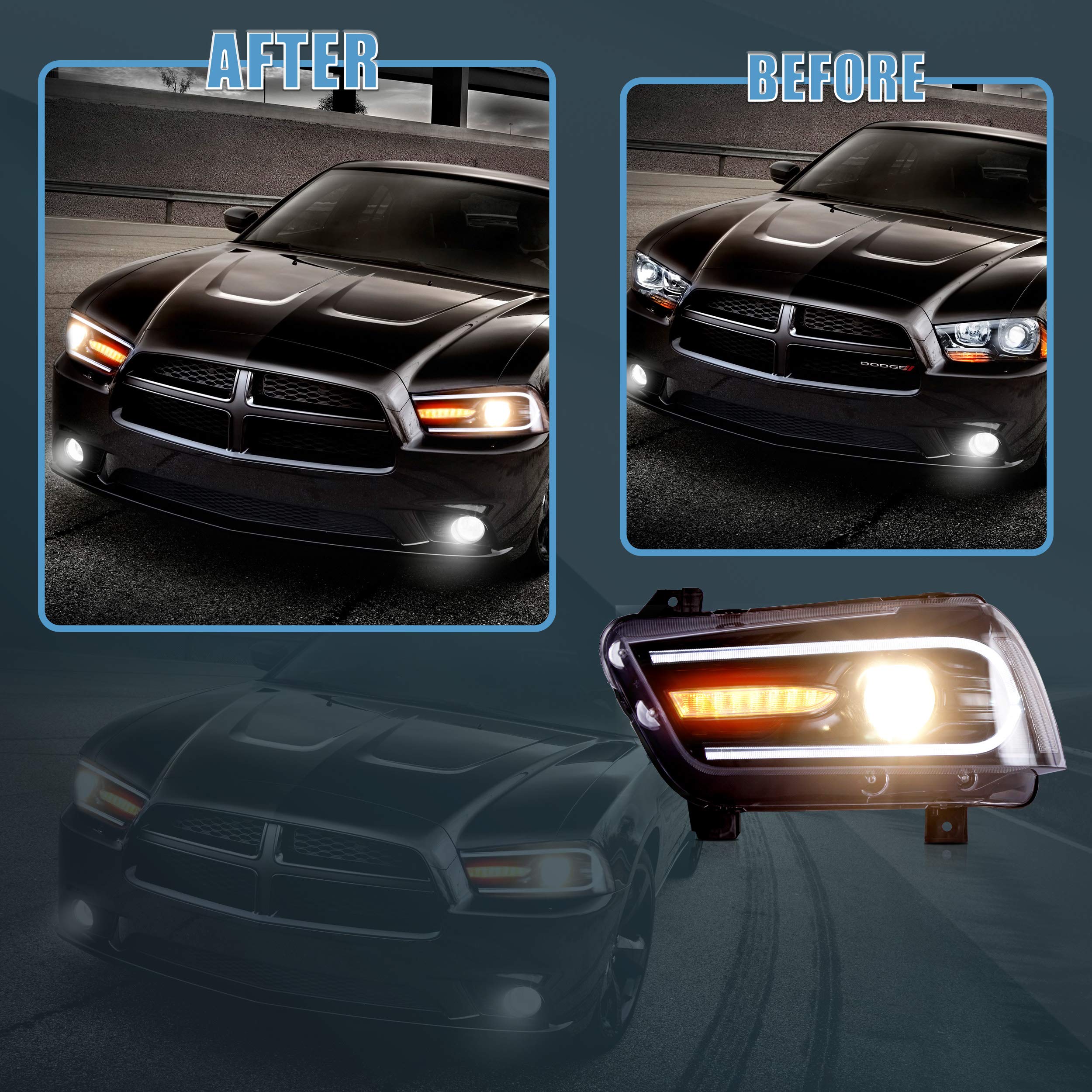 VLAND Headlight Assembly Compatible with 2011-2014 Dodge Charger (LD) Pre-Facelift Models - Excludes 2012 SE - Plug & Play Direct Replacement - Perfect for Night Driving & Car Upgrades