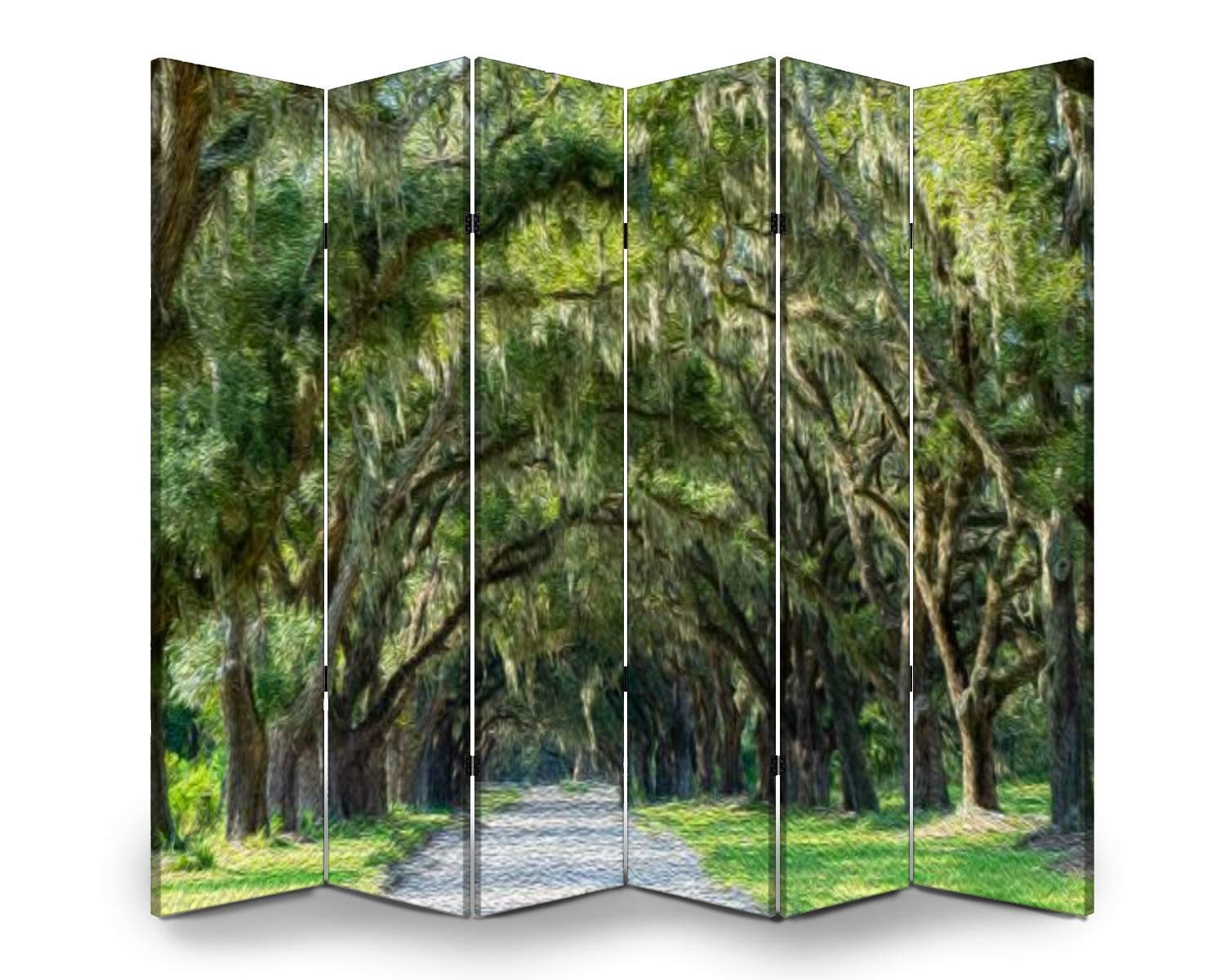 APED DECOR 6-Panel Wooden Room Divider - Stately Oak Trees Oil Painting Design, Folding Privacy Screen for Home & Office, Dual-Sided Canvas Partition with Display Shelves | Perfect for Living Room, Bedroom, Studio and Event Decor