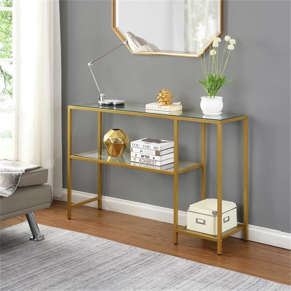 BOWERY HILL Gold Glass Console Table with Shelves - Modern Entryway, Living Room & Hallway Decor