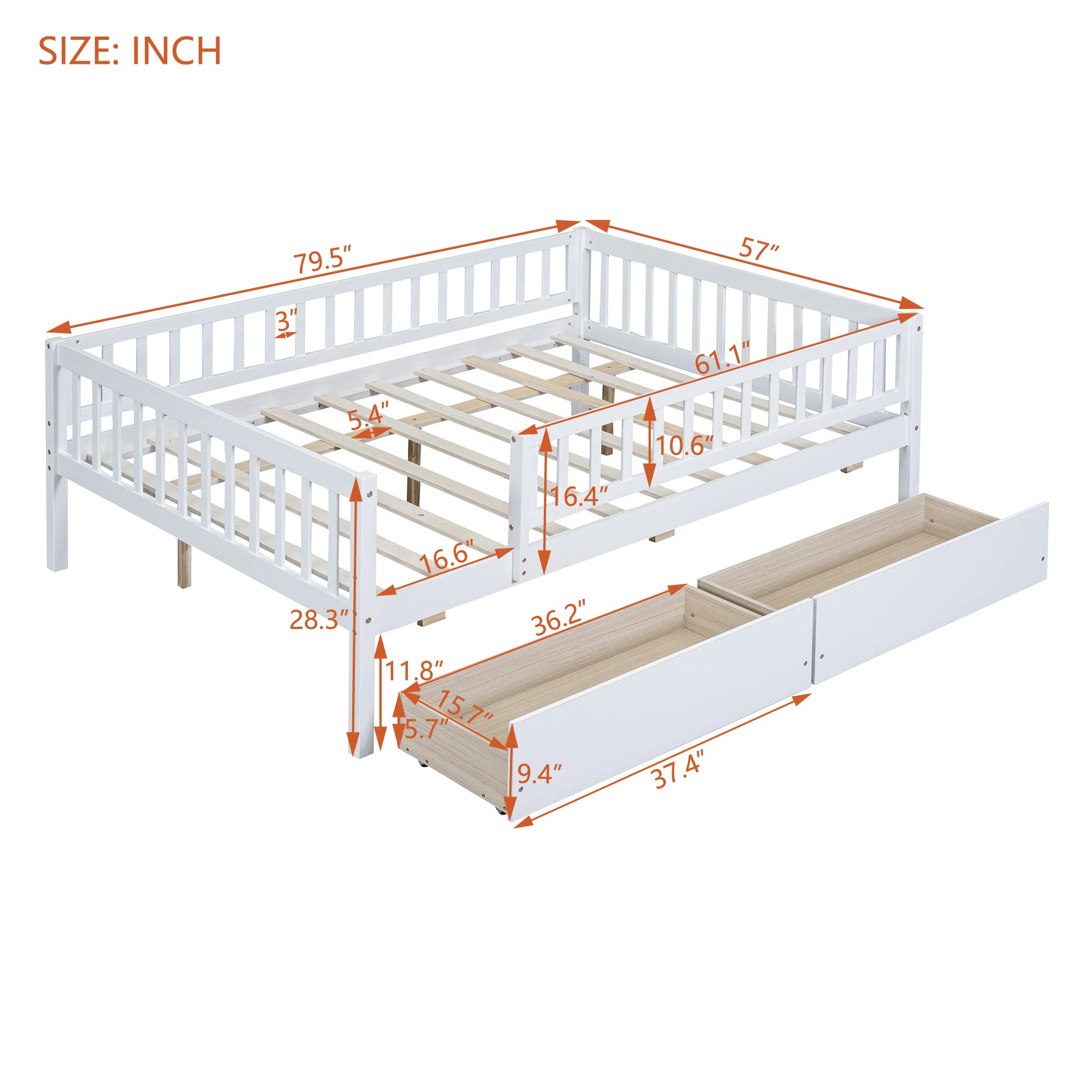 DEINPPA Full Size Wooden Bed Frame with Storage Drawers - Kids Daybed with Slats for Toddlers, Boys & Girls - White | Perfect for Small Bedrooms, Guest Rooms & Kids' Dorm Storage Solutions