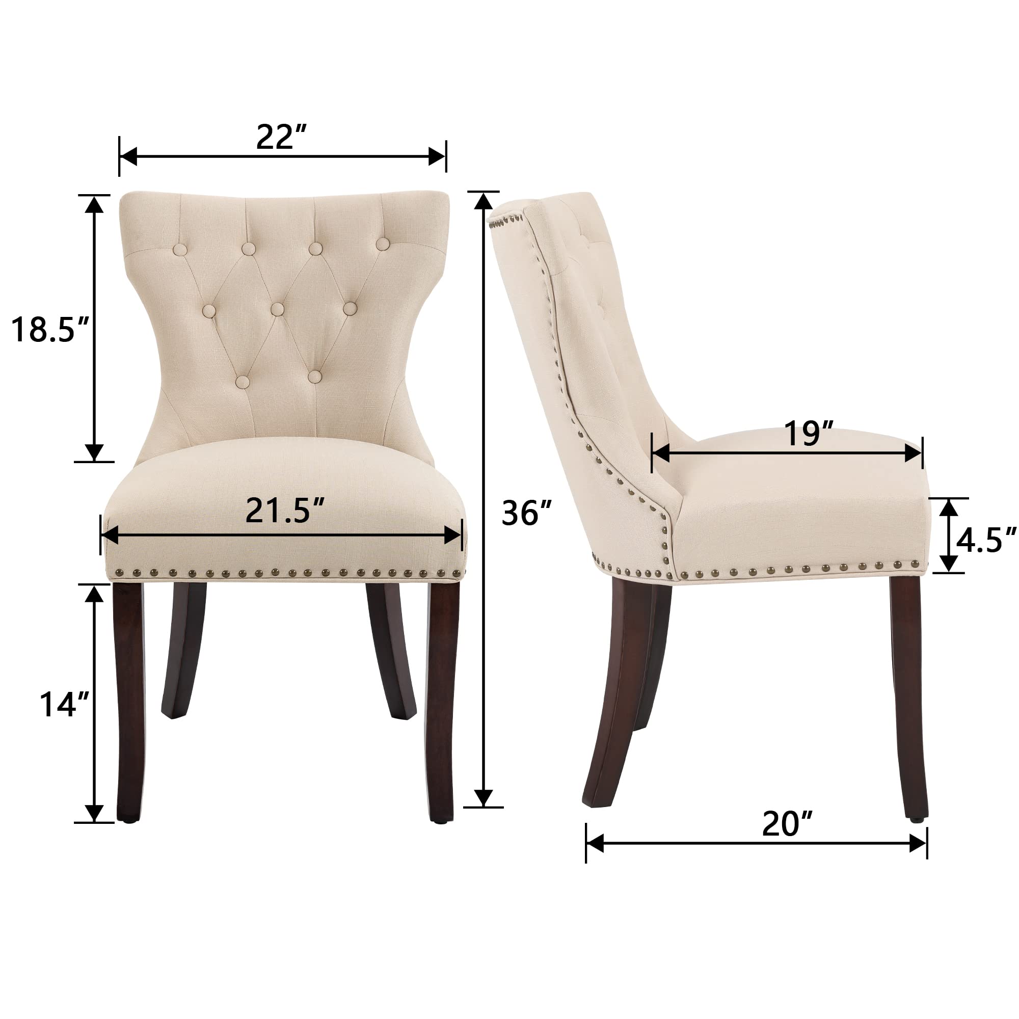 DAGONHIL Fabric Dining Chairs Set of 2 - Tufted Upholstered Solid Wood Accent Chairs with Nail Heads & Buttons for Dining Room & Living Room - Beige - Perfect for Home, Office, and Restaurant Decor