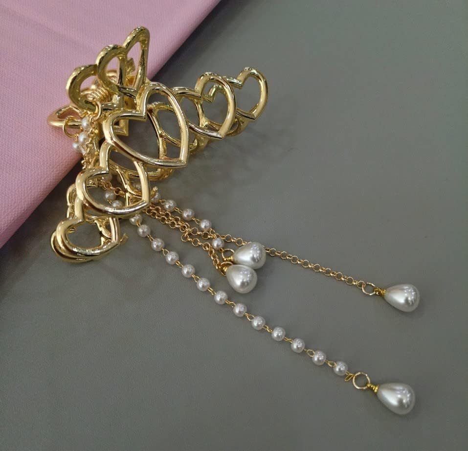 ANNACREATIONS Golden Heart Large Metal Pearl Hair Claw with Tassel - Women's Hair Clutch Accessory for Girls & Teens - Elegant Gold Hair Clip for Parties, Weddings & Daily Wear - Pack of 1