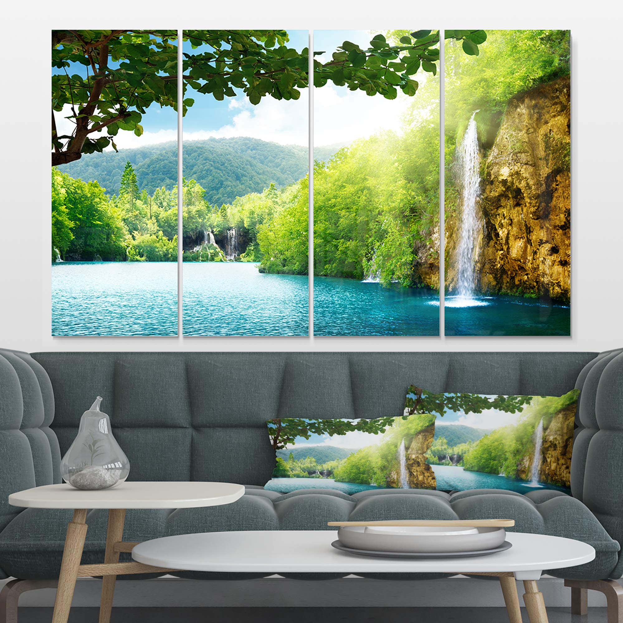 Waterfall in Deep Forest Landscape Photography Metal Wall Art - 4 Panels 48x28 Inches - Nature Themed Home Decor for Living Room, Bedroom & Office - MT6940