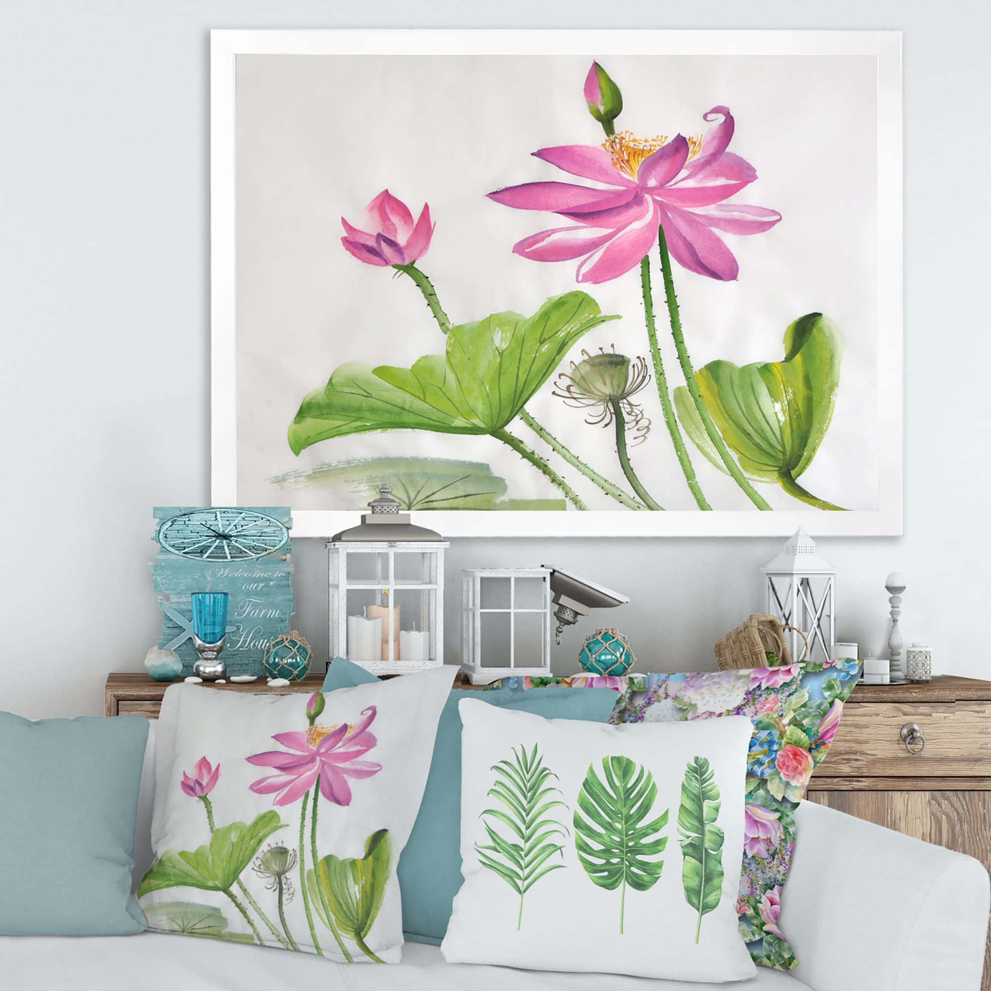 DesignQ Traditional Framed Wall Art - Two Pink Lotus Flowers Painting, Asian Home Decor for Living Room, Bedroom & Office