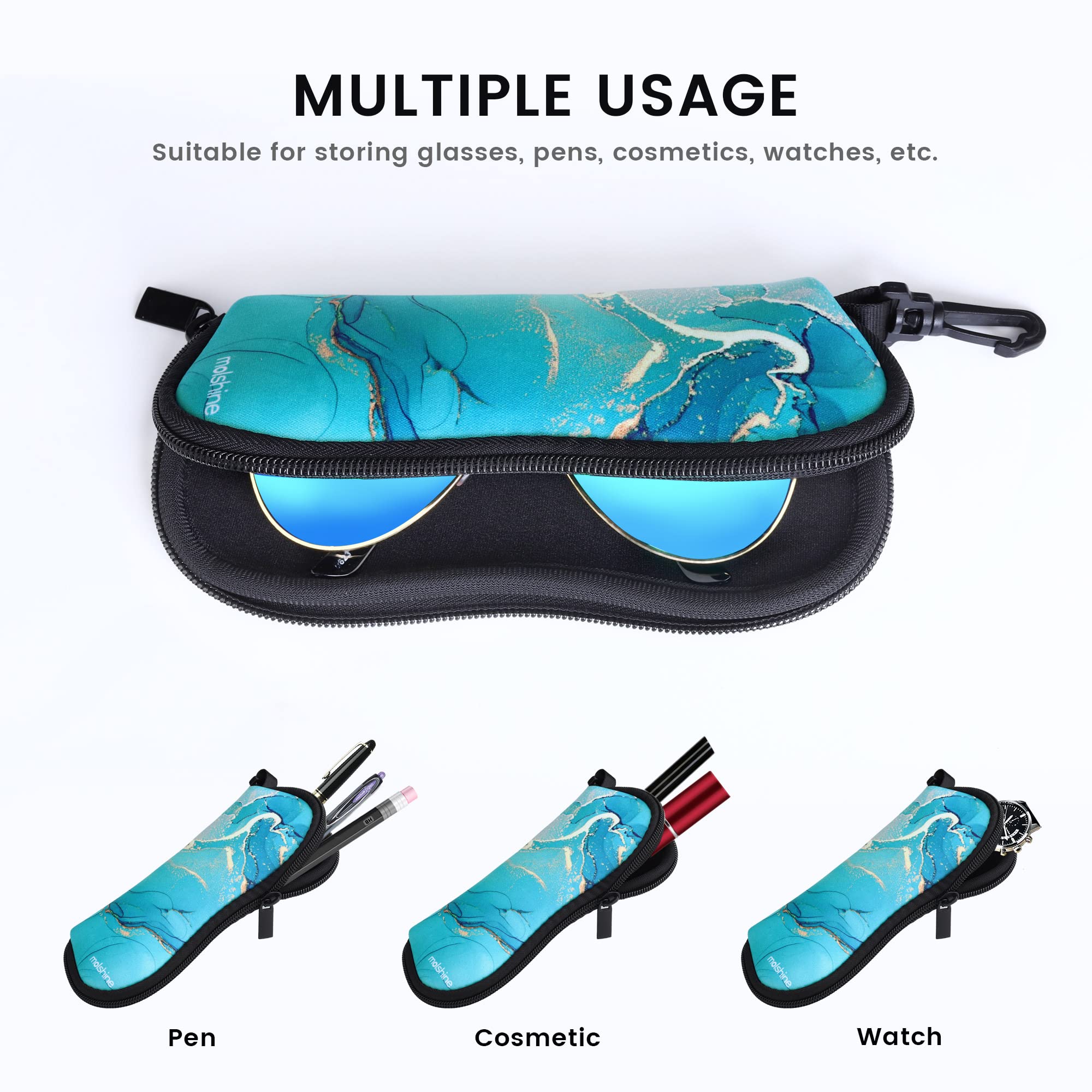 molshine 2 Pack Soft Neoprene Sunglasses Case with Zipper - Portable Eyeglasses Pouch with Hook for Men & Women - Perfect for Travel, Beach, and Everyday Use