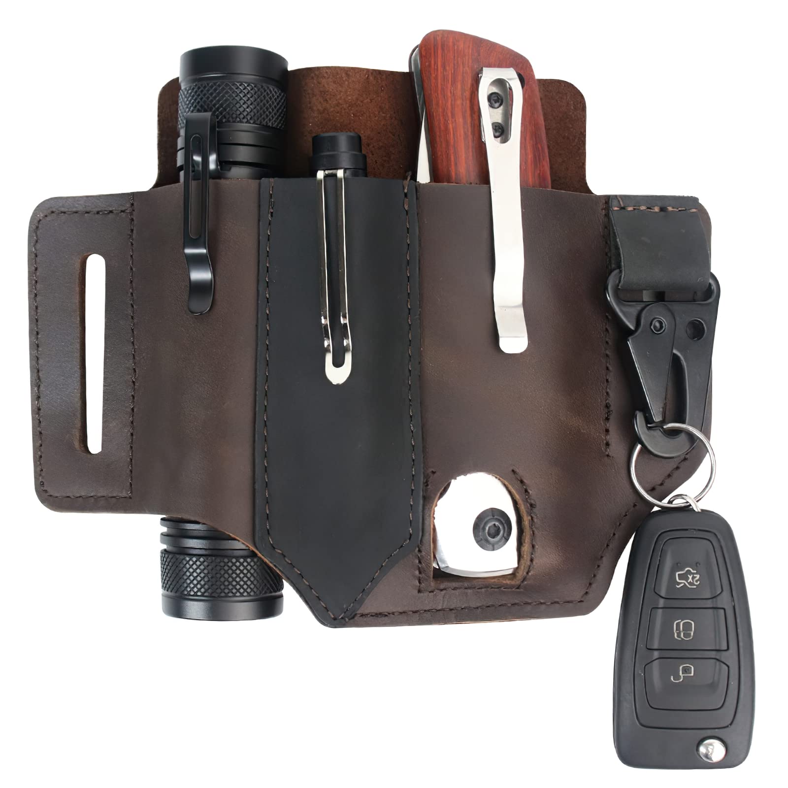 Leather Multitool Belt Sheath - EDC Pocket Organizer for Men with Key Holder, Flashlight Holster & Pen Pouch - Perfect for Outdoor Adventures, Camping & Everyday Carry