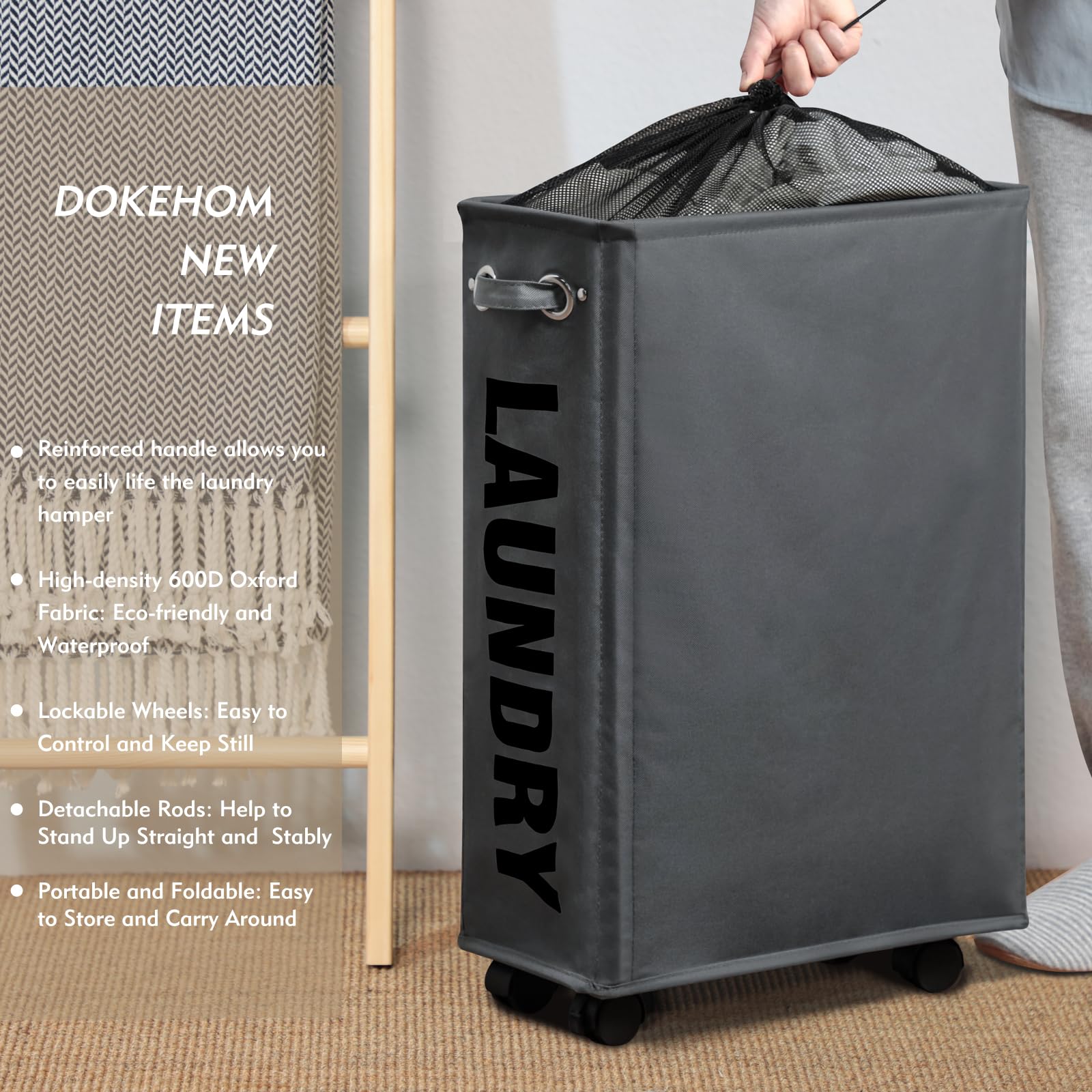 DOKEHOM 25-Inch Slim Rolling Laundry Basket with Wheels - Foldable, Collapsible Hamper for Clothes Storage - Space-Saving Narrow Design for Small Spaces - Perfect for Apartments, Dorms, and Laundry Rooms (Dark Grey)