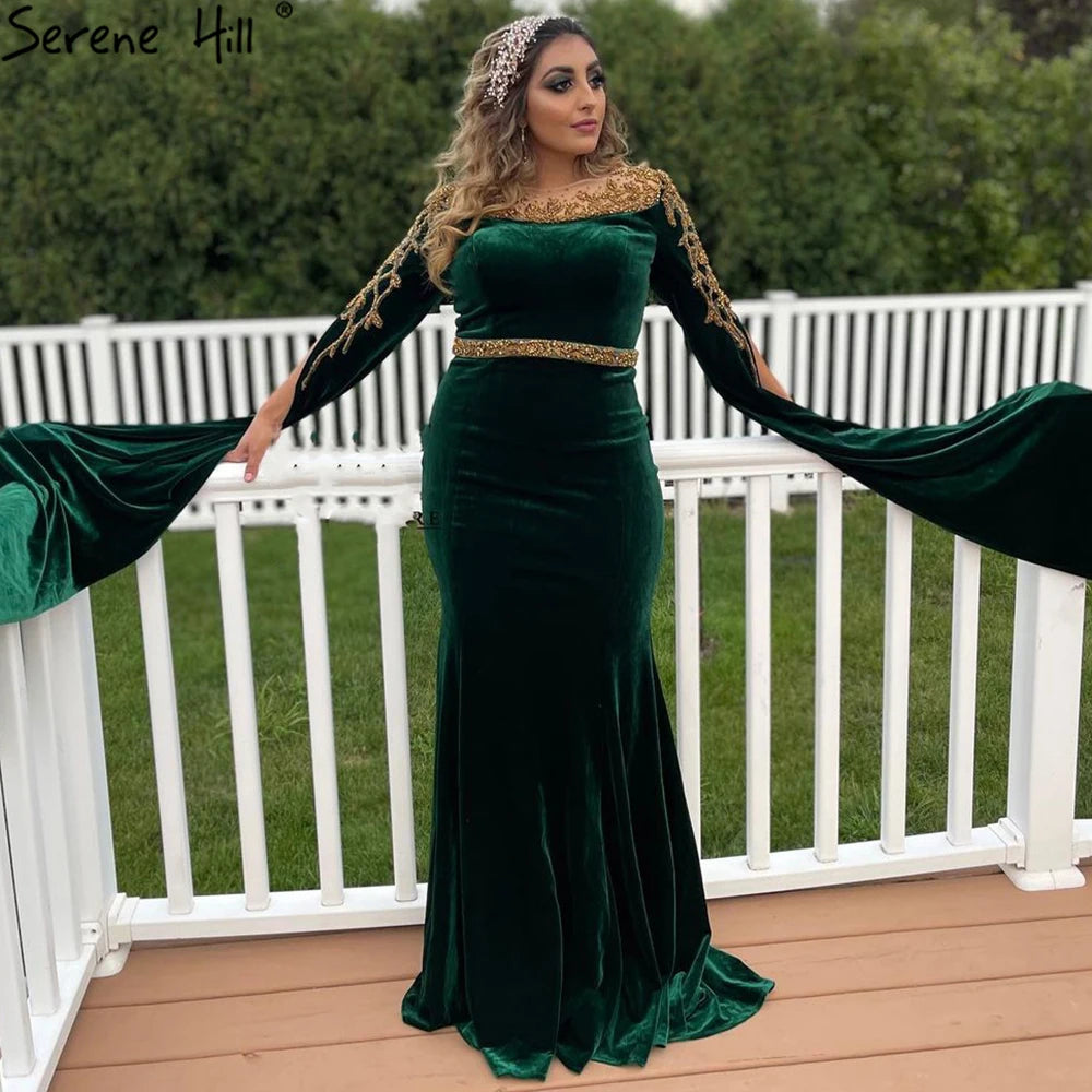 Elegant Beaded Muslim Green Velour Evening Gown with Cape Sleeves for Women - 2025 Mermaid Party Dress LA71452 | Perfect for Weddings, Galas & Formal Events