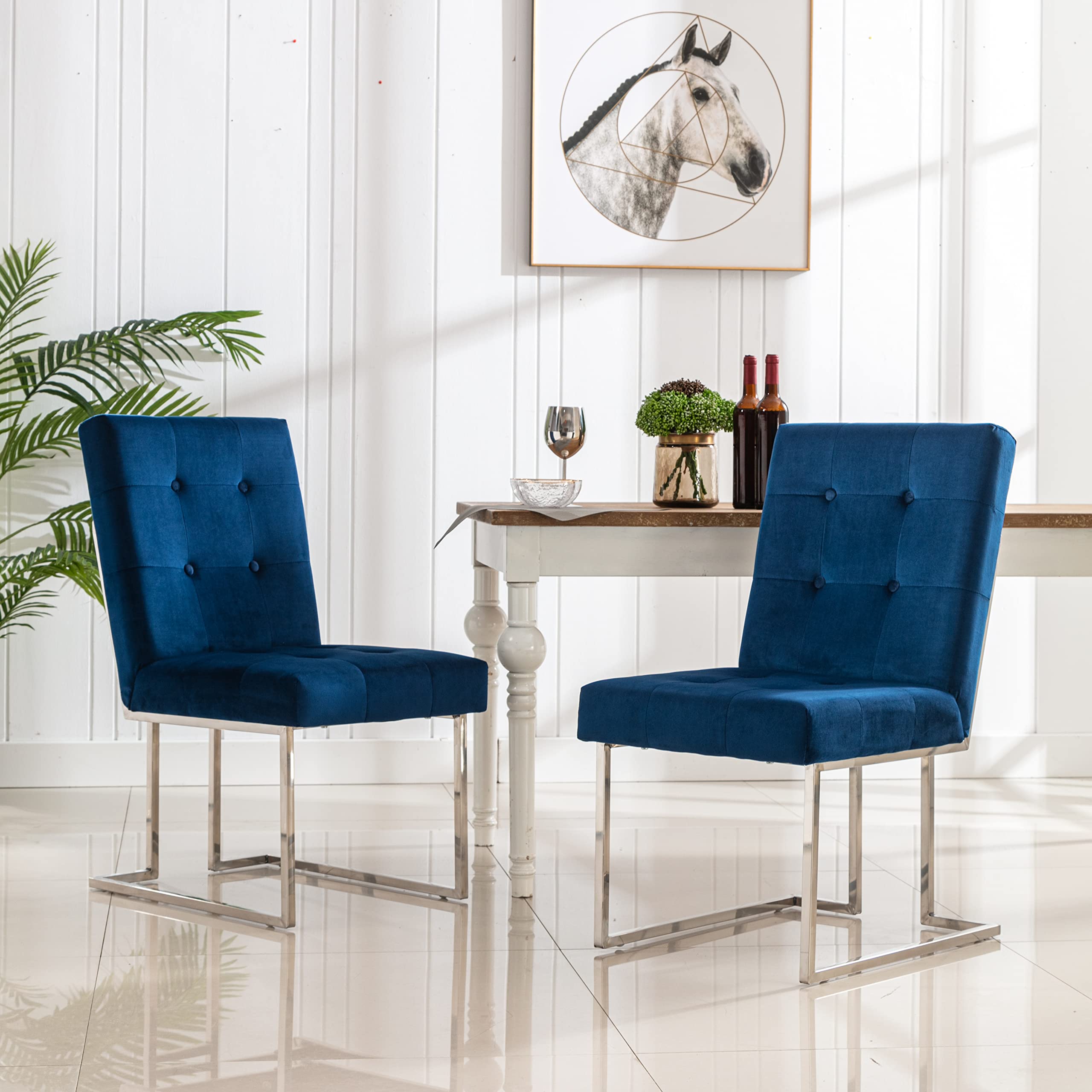Tufted Velvet Upholstered Dining Chairs Set of 2 - Modern Velvet Armless Accent Chairs with Chrome Legs for Living Room, Kitchen, Dining Room - Blue Velvet Chairs for Home Decor & Entertaining (UC-16B)