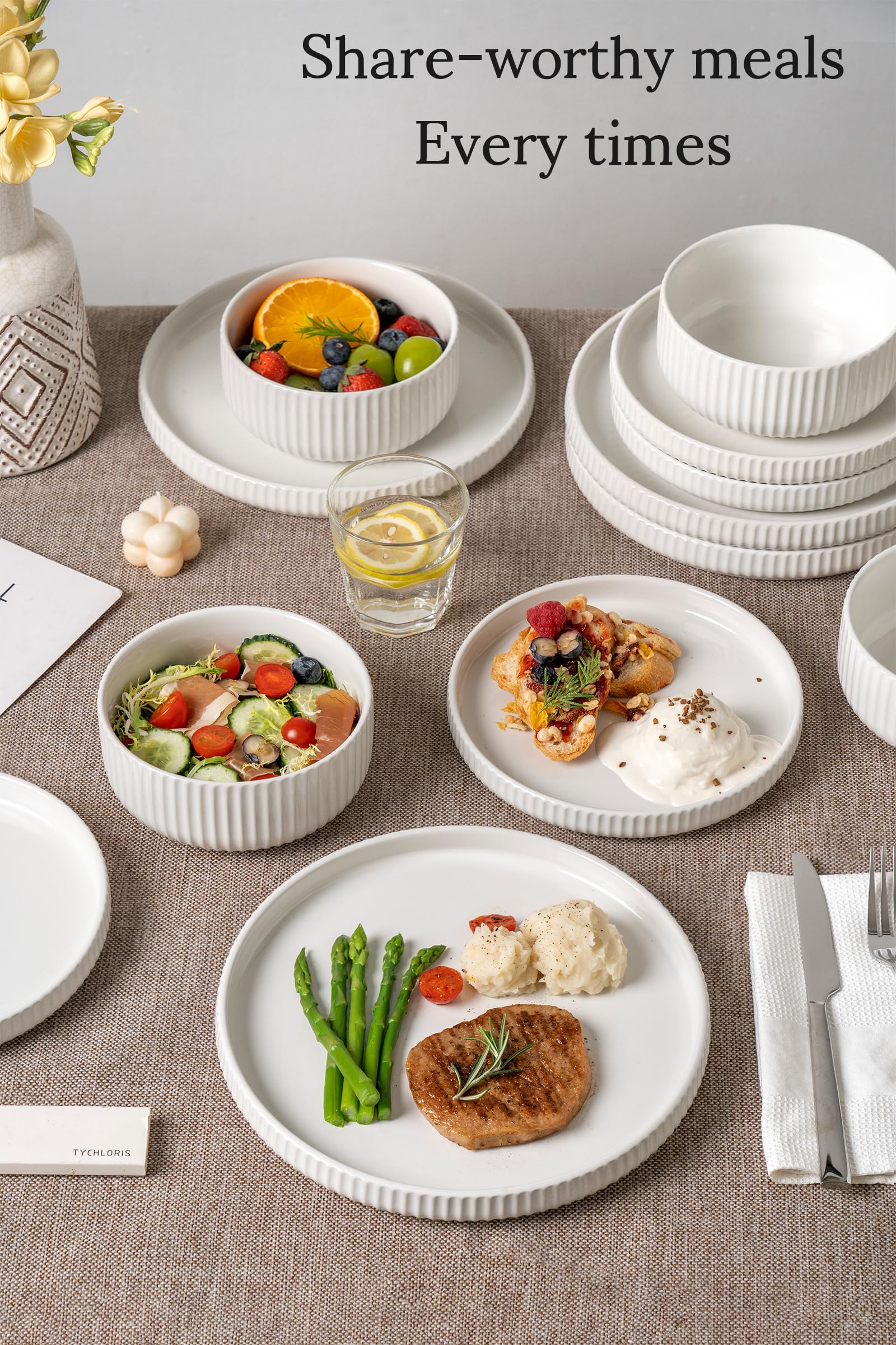 12-Piece White Dinnerware Set for 4, Modern High-Gloss Stoneware Plates & Bowls - Scratch Resistant, Microwave Safe - Perfect for Everyday Use & Dinner Parties