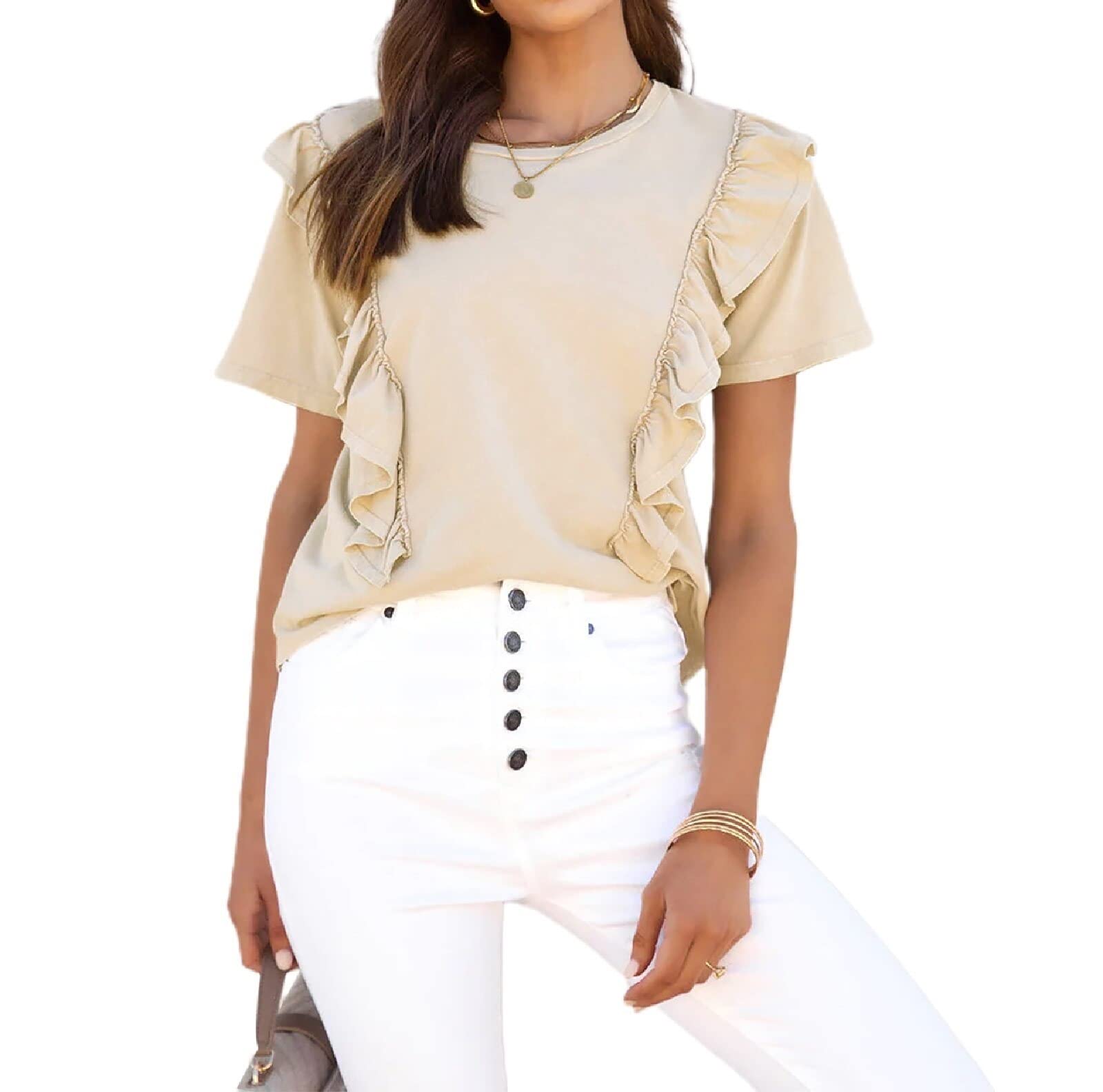Women's Short Sleeve Ruffle Top - Casual Cotton Basic Tee Shirt | Summer Plain T-Shirts in Khaki | Perfect for Beach Outings, Weekend Wear & Casual Office Looks