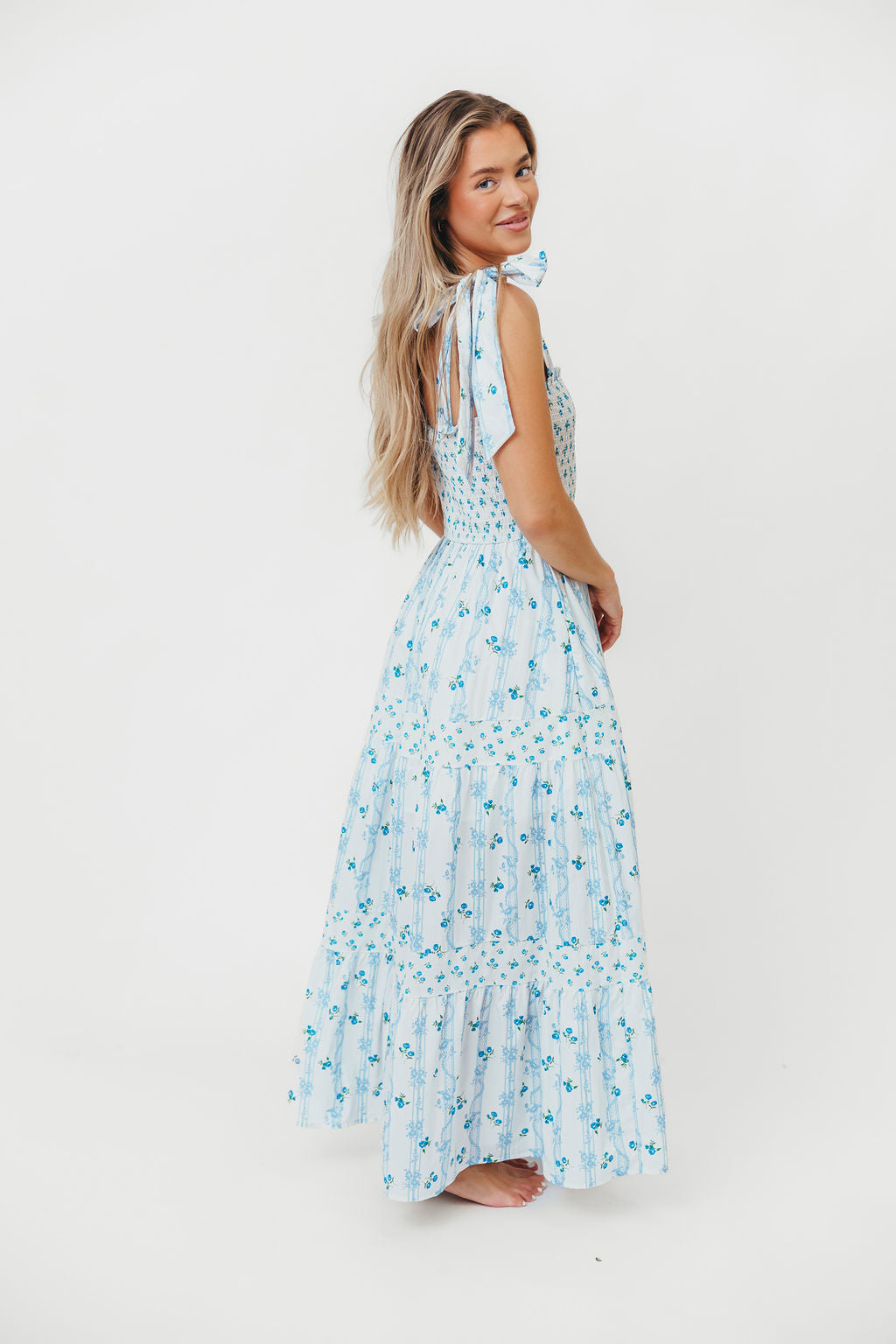 Kathryn Floral Print Tie Shoulder Maxi Dress - Ivory & Blue Floral Summer Dress for Women | Perfect for Beach Vacations, Weddings & Date Nights