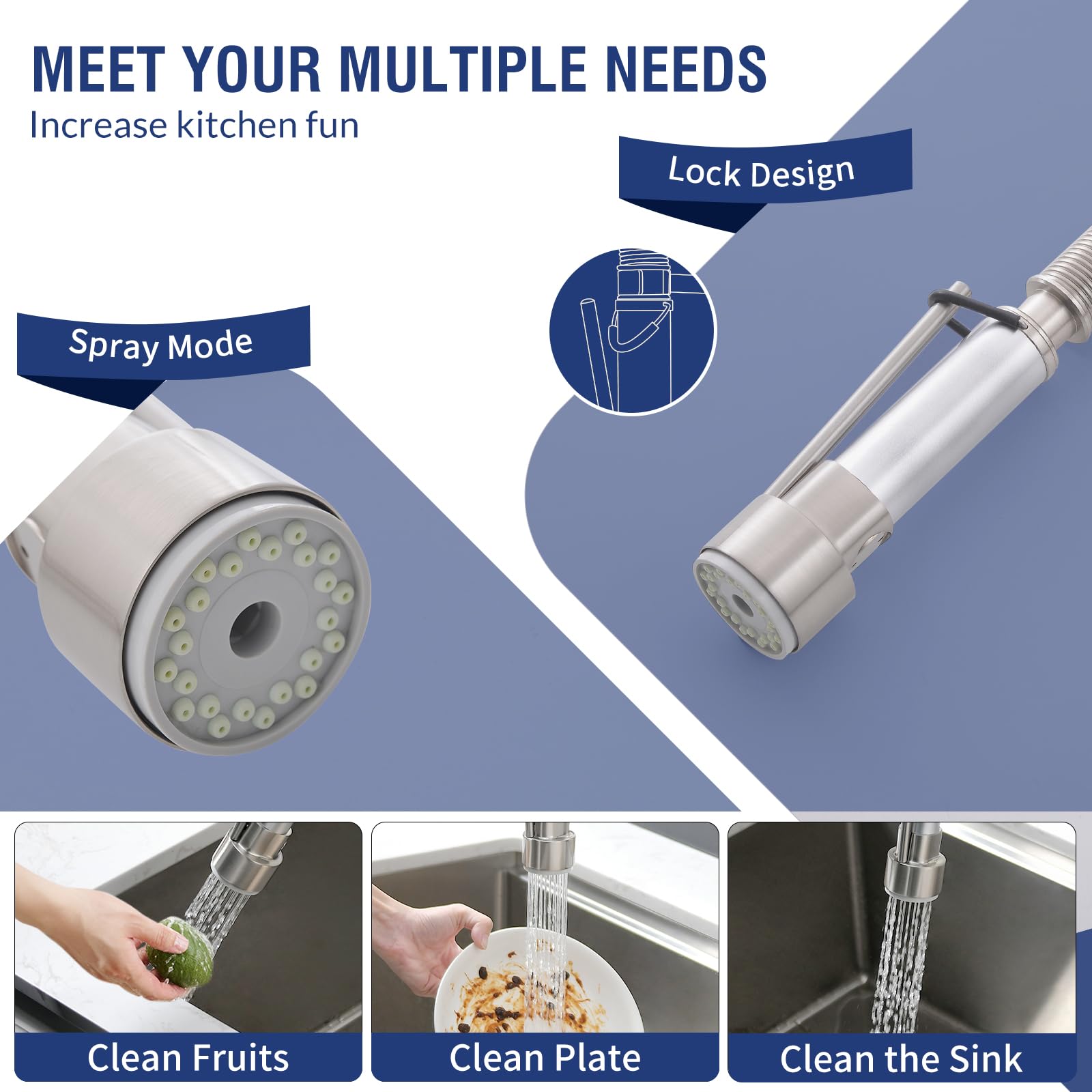 Fapully Commercial Single Handle Kitchen Faucet with Pull Down Sprayer & LED Light - Brushed Nickel Finish for Modern Kitchens and Restaurants