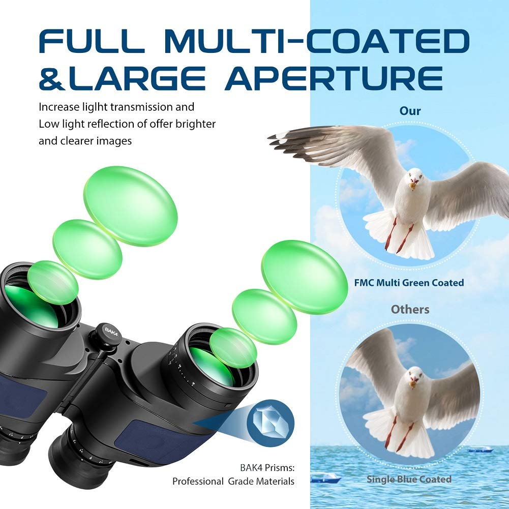 Hooway 7x50 Waterproof Fogproof Military Marine Binoculars with Internal Rangefinder & Compass - Perfect for Navigation, Boating, Bird Watching, Hunting & Outdoor Adventures (Blue)