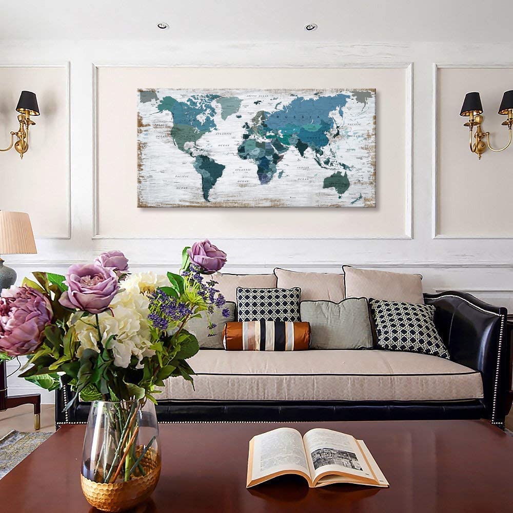 Blue Teal World Map Canvas Wall Art - 24