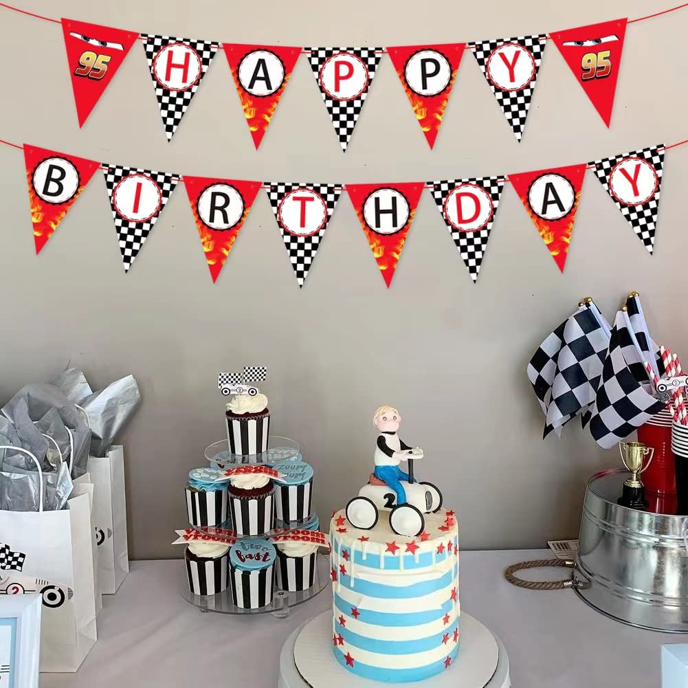 Race Car Happy Birthday Banner - Racing Themed Party Decorations, Checkered Flag Party Sign & Supplies for Boys' Birthday, Baby Shower, Kids Room Decor | Let's Go Racing Theme