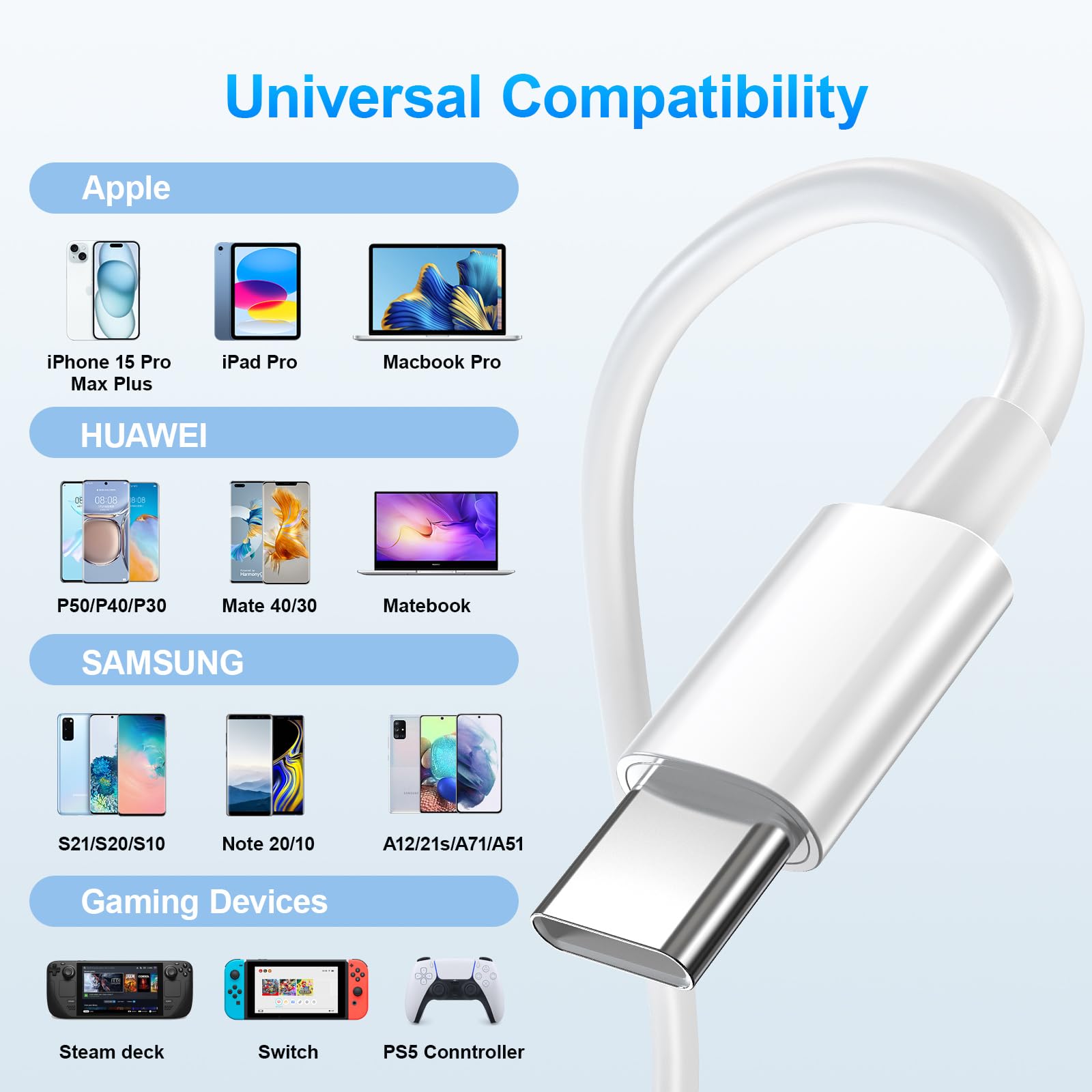 3-Pack 10ft USB C to USB C Cable 60W Fast Charging - Compatible with iPhone 15 Pro Max/Plus, MacBook Pro 2018/2019, iPad Mini/Pro, Samsung Galaxy S23/S22 - Perfect for Home, Office & Travel Charging