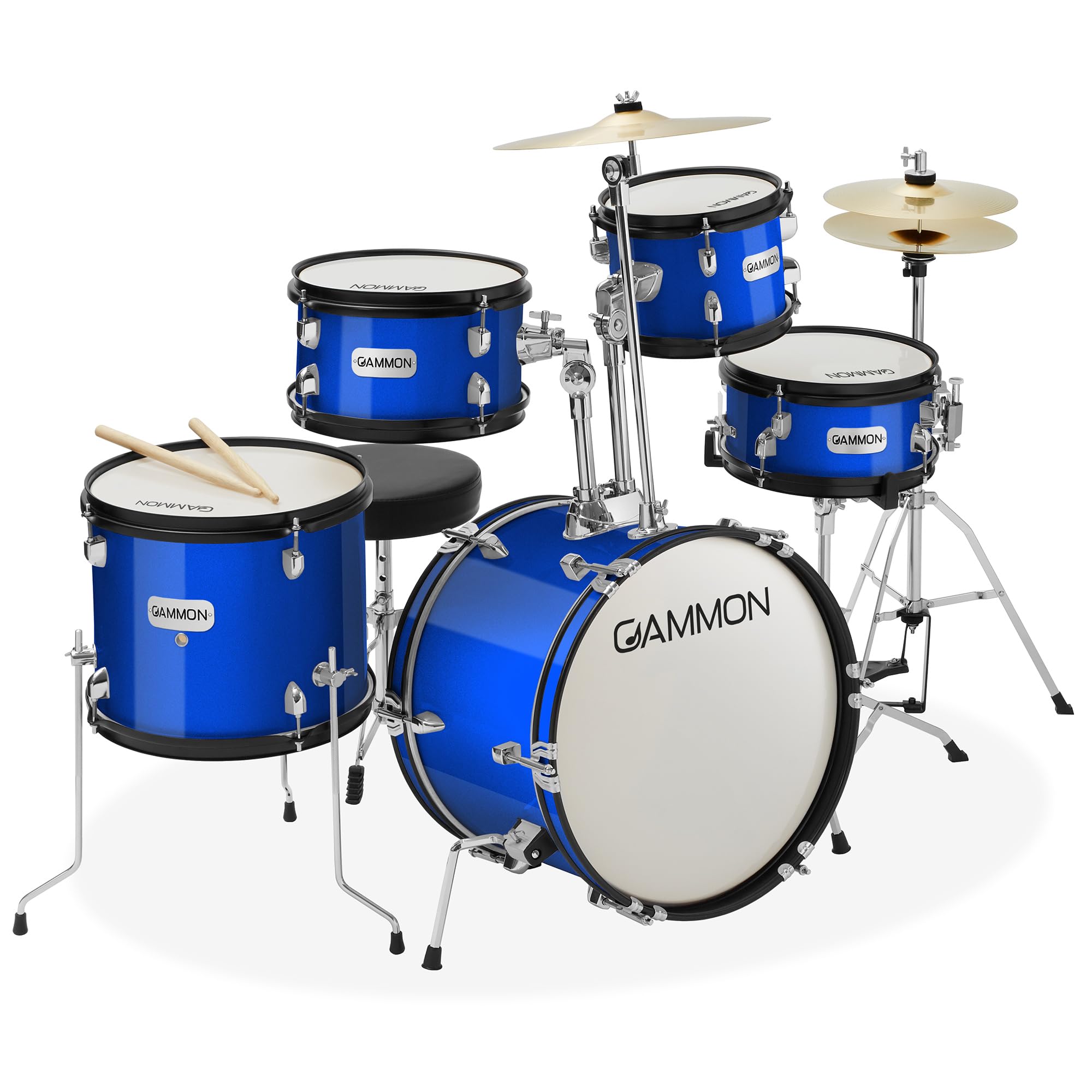 5-Piece Junior Starter Drum Kit with Cymbals, Hardware, Drum Sticks & Throne - Blue | Complete Kids Drum Set for Beginners | Perfect for Home Practice, Music Lessons & Birthday Gifts