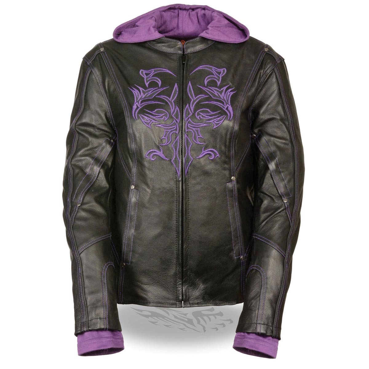 Milwaukee Leather Women's ML2067 Reflective Tribal 3/4 Length Black Purple Motorcycle Jacket with Gun Pocket - Stylish & Functional Riding Gear for Bikers & Outdoor Enthusiasts
