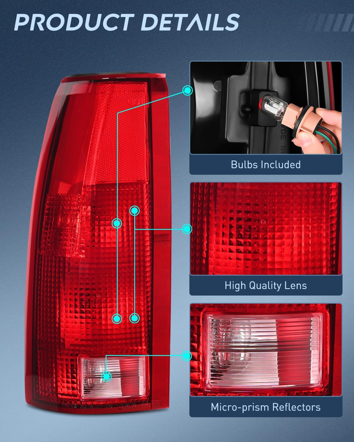 1992-2000 Chevy GMC C/K1500 2500 3500 Yukon Suburban Blazer Tahoe Cadillac Tail Light Assembly - Driver Side Rear Lamp Replacement with Bulbs and Harness - Perfect for Night Driving & Vehicle Safety Upgrades