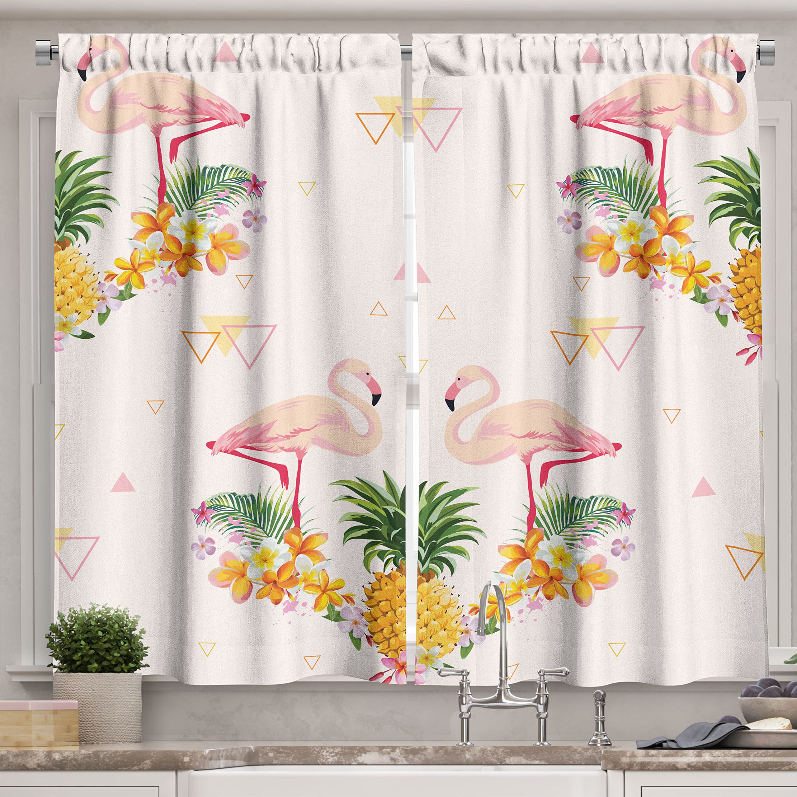 Ambesonne Flamingo Kitchen Curtains - Tropical Floral Pineapple & Banana Print Retro Window Drapes, 2 Panel Set for Kitchen & Cafe Decor, 55