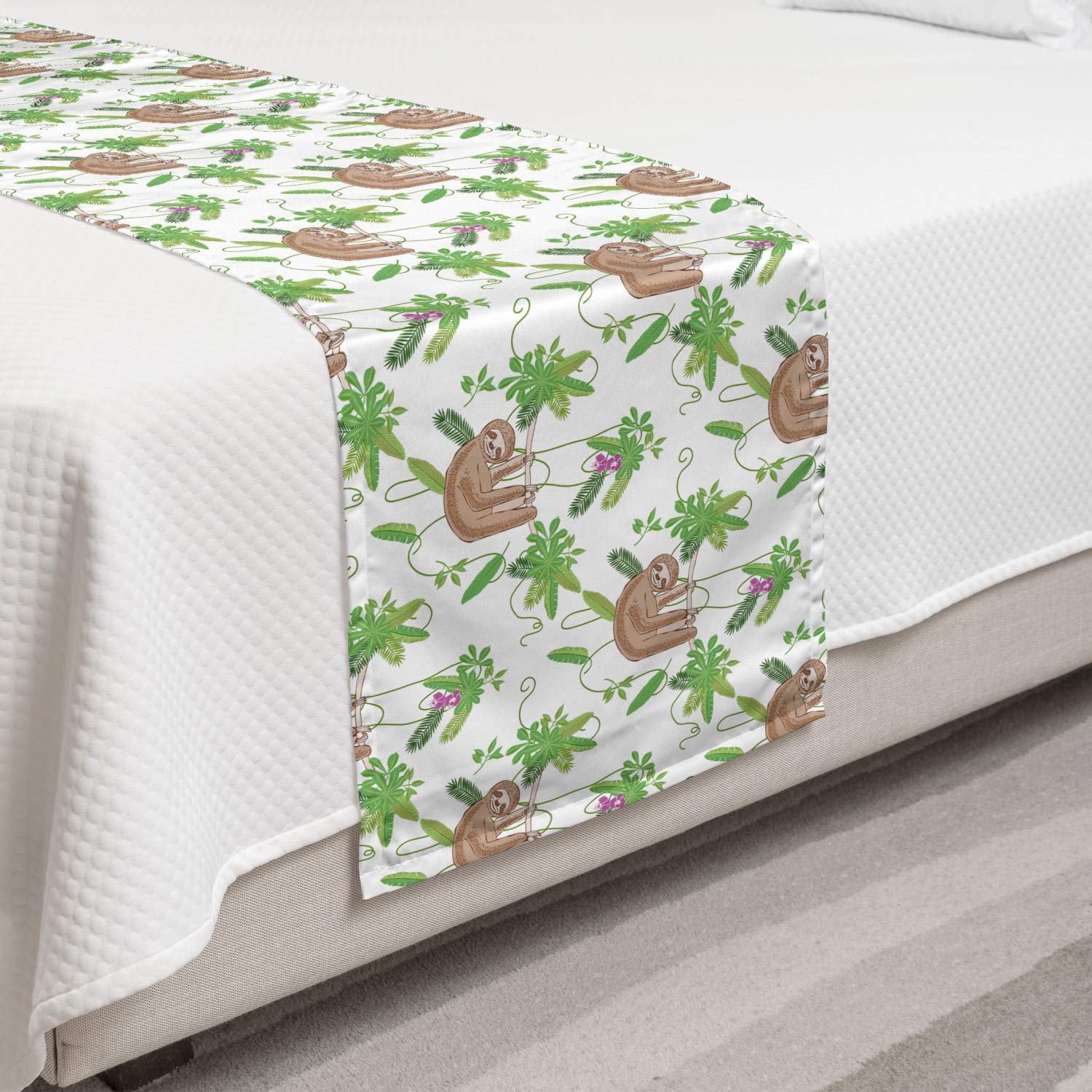Ambesonne Funny Sloth Bed Runner - Tropical Leaf Print Decorative Bedding Scarf for Home & Hotel Decor | Nature-Inspired Lime Green & Umber Design | Perfect for Guest Rooms, Master Bedrooms & Vacation Rentals