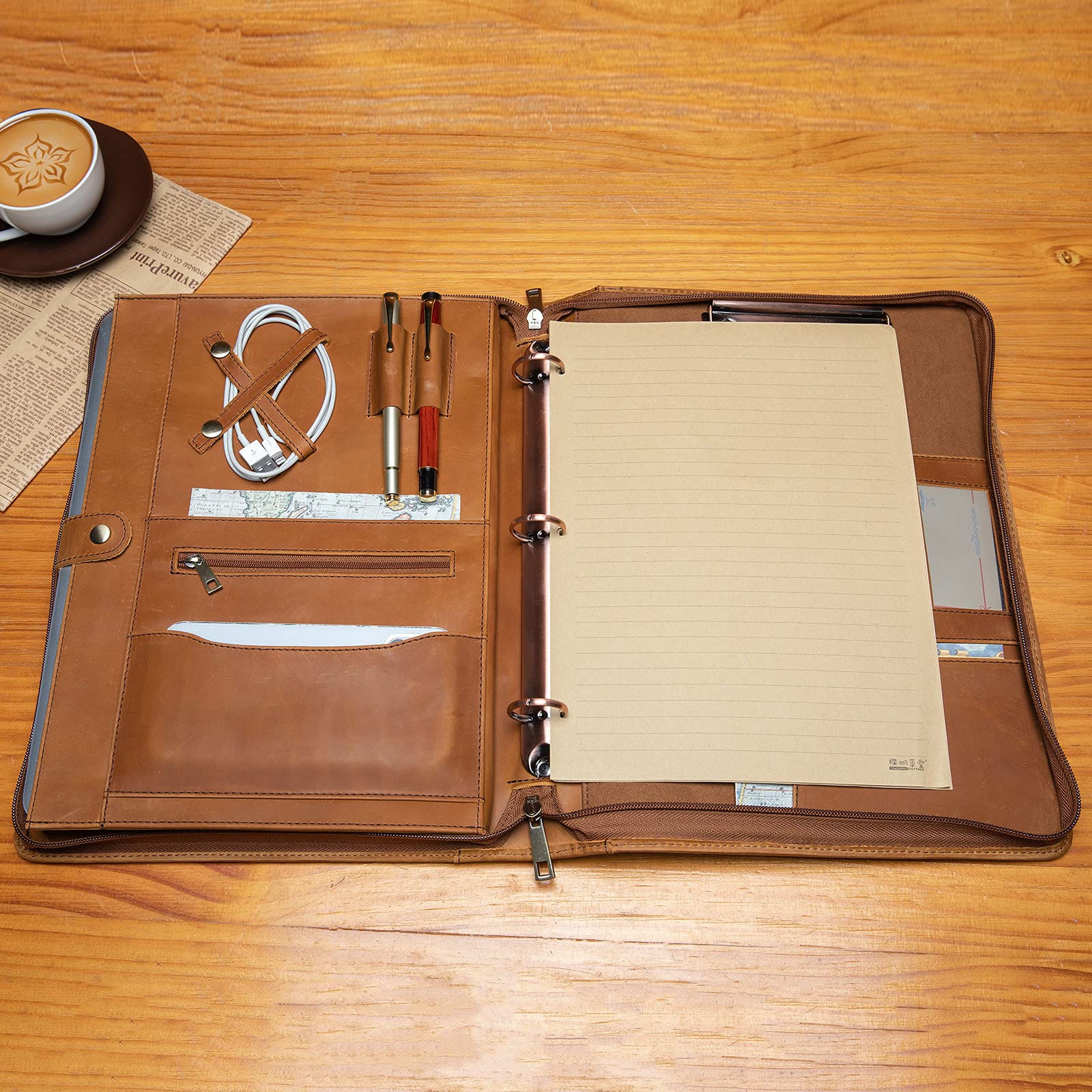 YIWEN Handmade Genuine Leather Portfolio - Professional Zippered Padfolio with 3-Ring Binder & Tablet Pocket | Business Organizer, Resume Folder, Notebook Holder | Custom Engraved Brown Leather | Perfect for Office, Meetings & Job Interviews