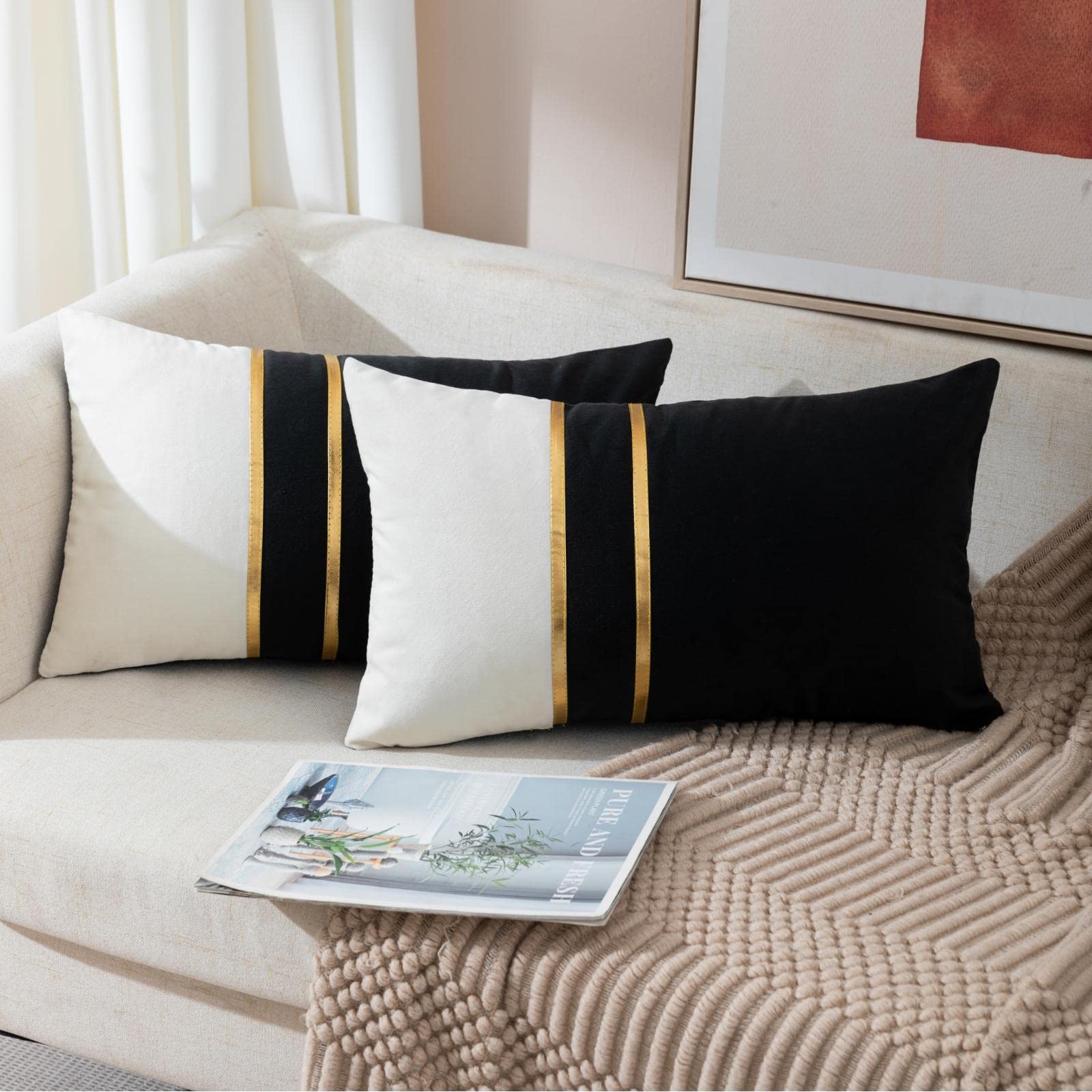 ZLINA Set of 2 Velvet Decorative Lumbar Pillow Covers - Black & White Patchwork with Gold Leather Trim - 12×20 Inch Cushion Covers for Sofa, Bed, Living Room & Car Decor - Luxury Home Accent Pillows for Modern Interior Design