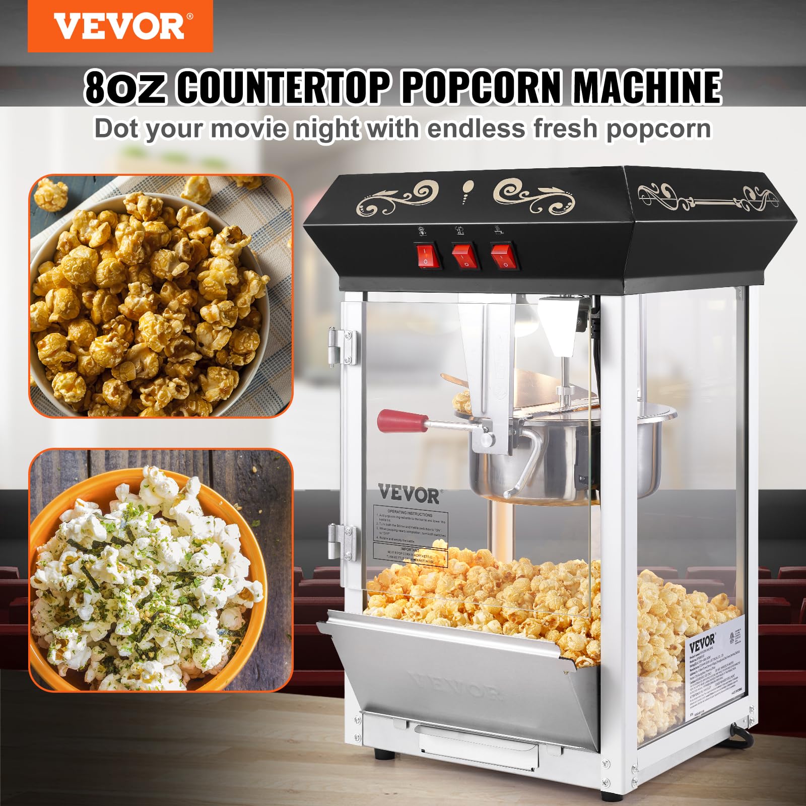 VEVOR 850W Commercial Popcorn Maker Machine - 8oz Kettle Makes 48 Cups per Batch, Countertop Popcorn Popper with Tempered Glass, Includes 4 Scoops - Movie Theater Style Black for Home, Parties & Events