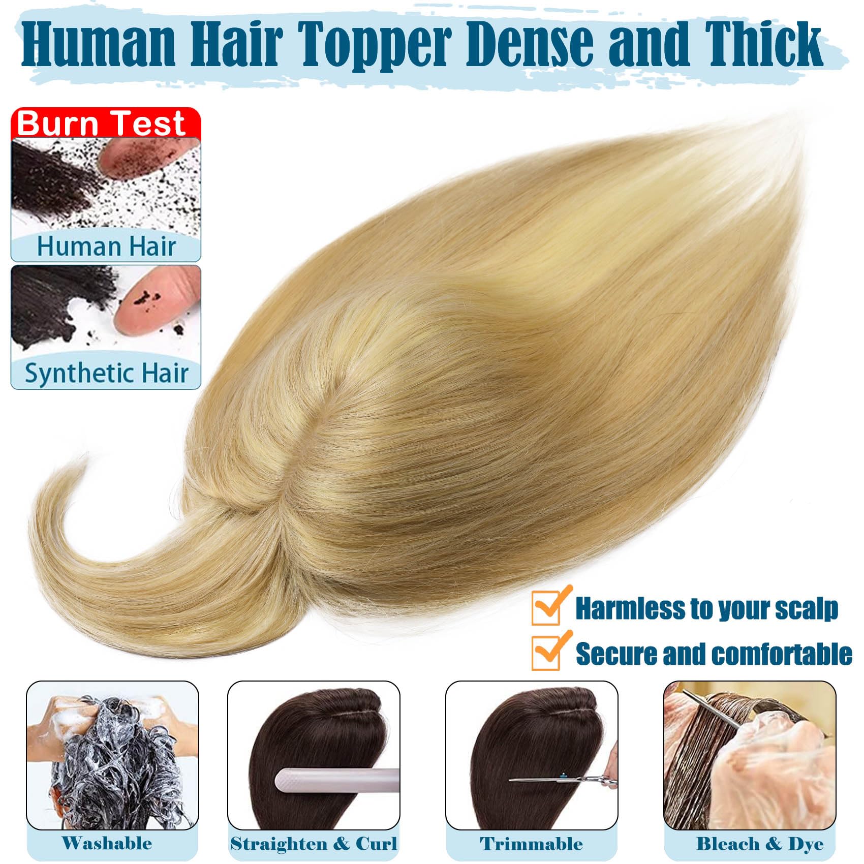 JGS1996 Women's Real Human Hair Toppers with Bangs - 100% Remy Human Hair Wig Clip-in for Thinning Hair & Hair Loss - 10 Inch #18/613 Blonde - Perfect for Daily Wear, Parties & Special Occasions
