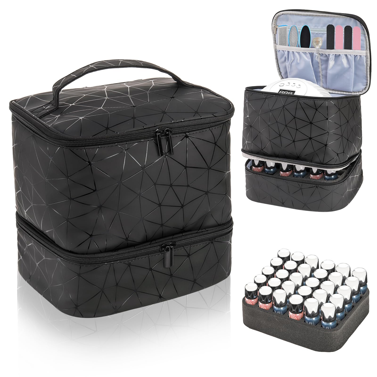 ZOOFOX Double-Layer Nail Polish Organizer Case - PU Leather Nail Polish Carrying Bag with Handle for Manicure Accessories Storage | Perfect for Salon Professionals, Travel & Home Organization