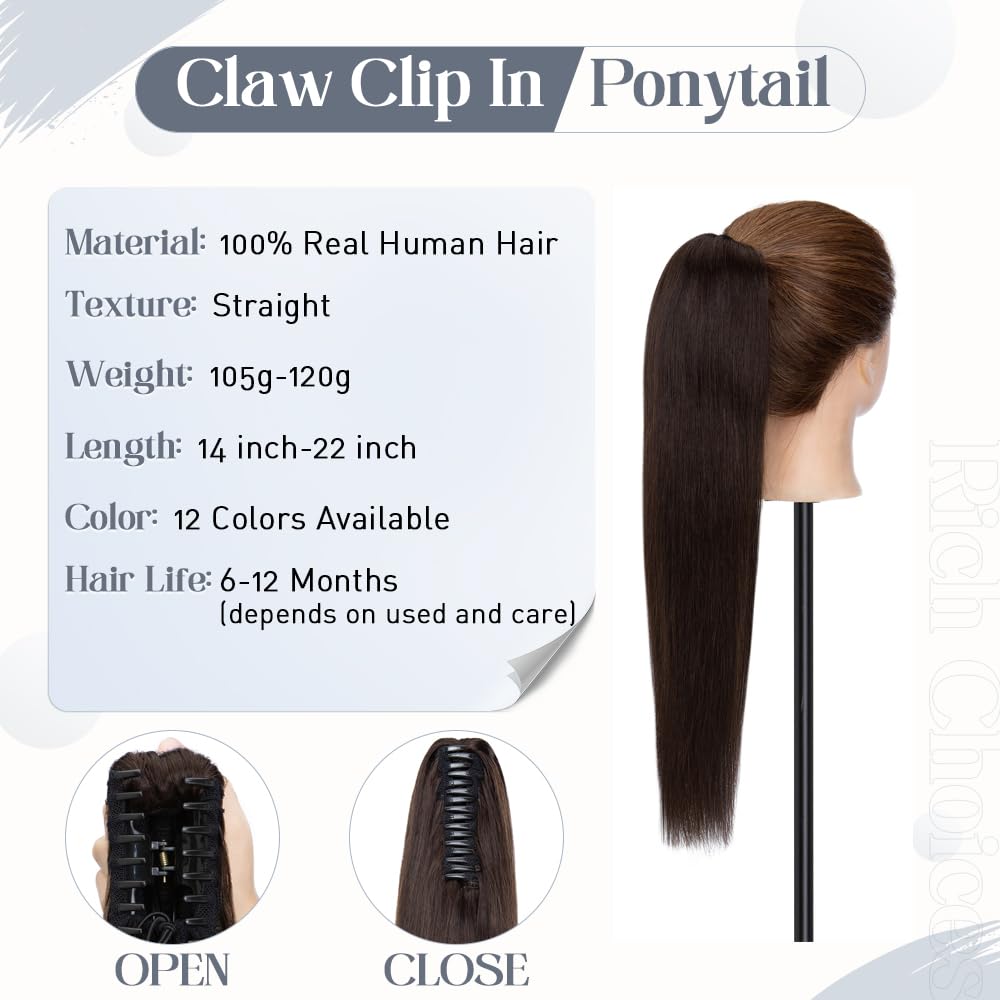 Premium 20 Inch Human Hair Ponytail Extension - Real Hair Clip-In Ponytail with Balayage Dark Brown (#2) for Women | 120g Straight Hair Extensions | Perfect for Parties, Weddings & Everyday Styling