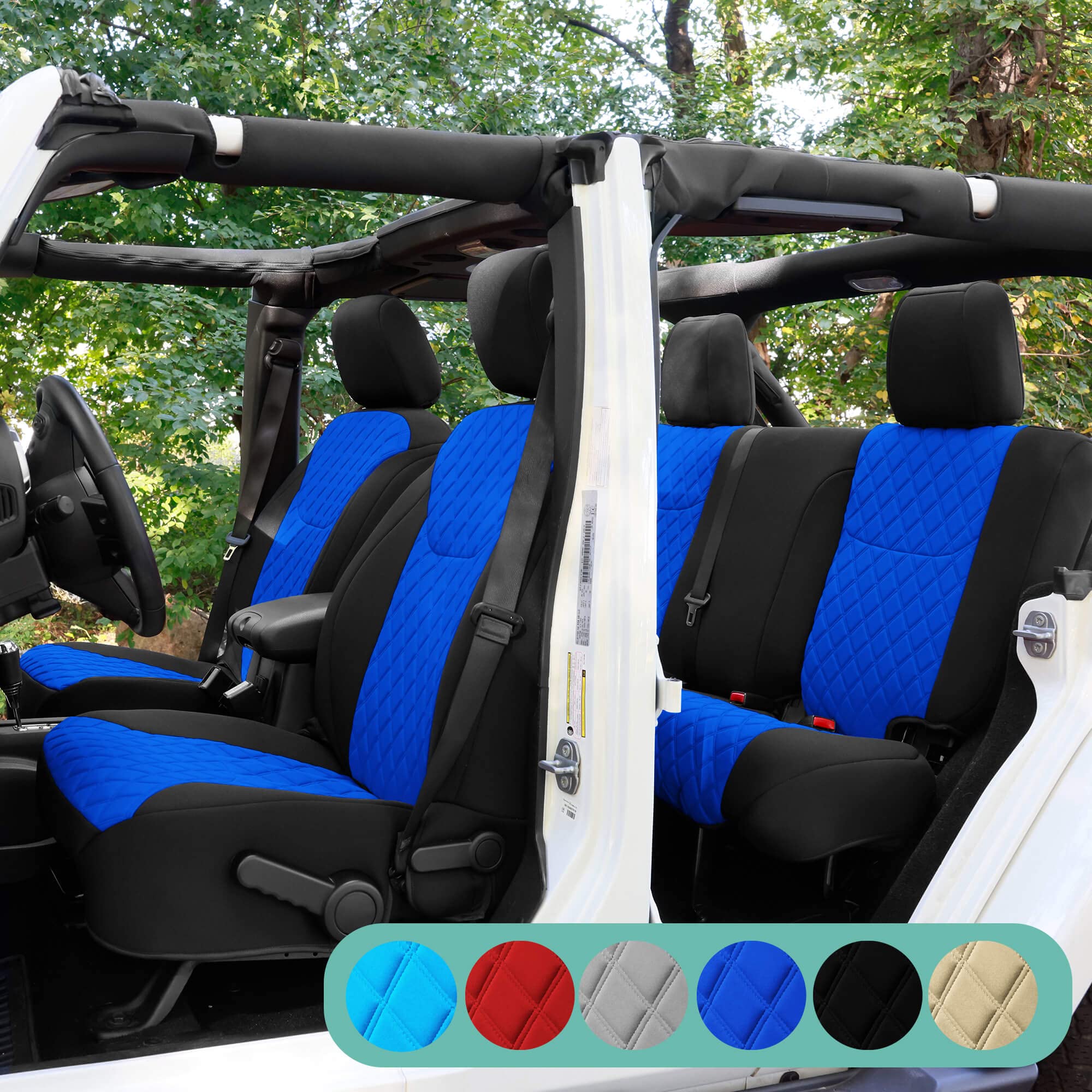 FH Group Custom Fit Neoprene Seat Covers for 2007-2017 Jeep Wrangler JK 4 Door | Water Resistant 1st & 2nd Row Car Seat Protectors | Full Set Blue Automotive Accessories | Perfect for Off-Roading, Camping & Daily Commute