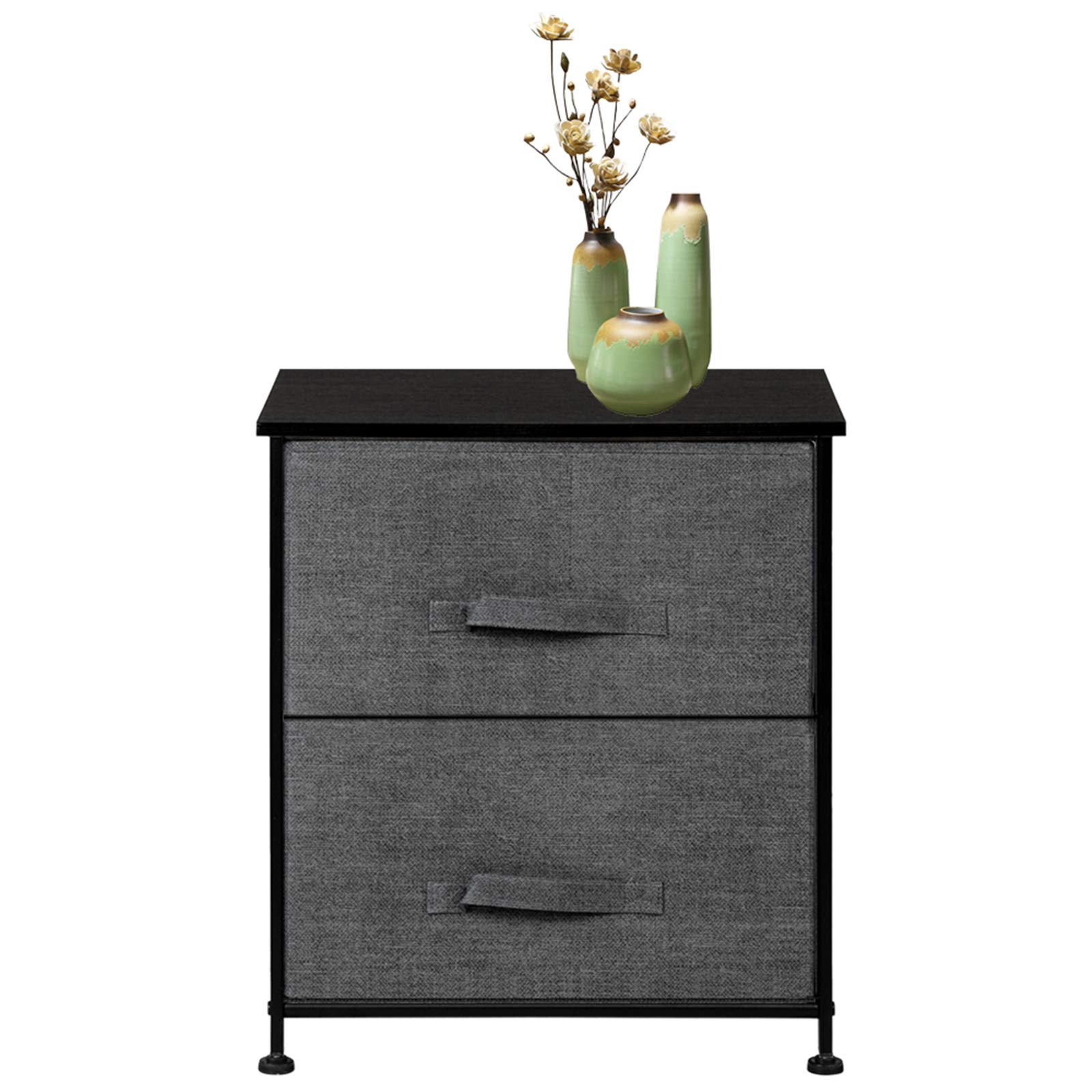 2-Drawer Nightstand with Storage Tower - Sturdy Steel Frame & Wood Top, Easy Pull Fabric Bins - Bedroom Organizer for Hallway, Entryway & Closet - Textured Grey Finish | Perfect for Small Spaces & Apartment Living
