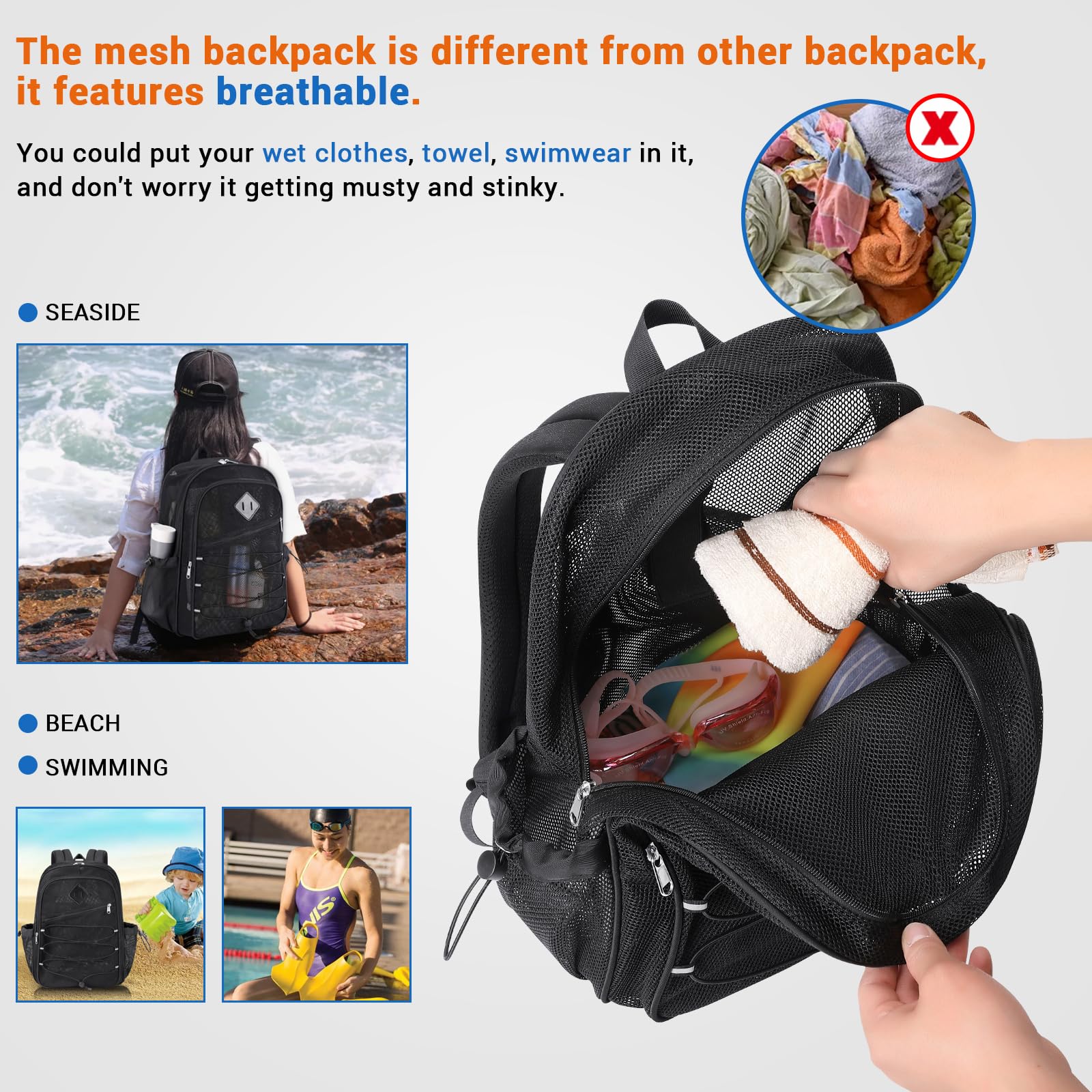 MOONBABY Heavy Duty Mesh Backpack for Boys - Transparent School Backpack with Breathable Design - Perfect for Swimming, Beach, Sports, Work & Travel - Durable See-Through Bookbag for School, Gym & Outdoor Activities (Black)