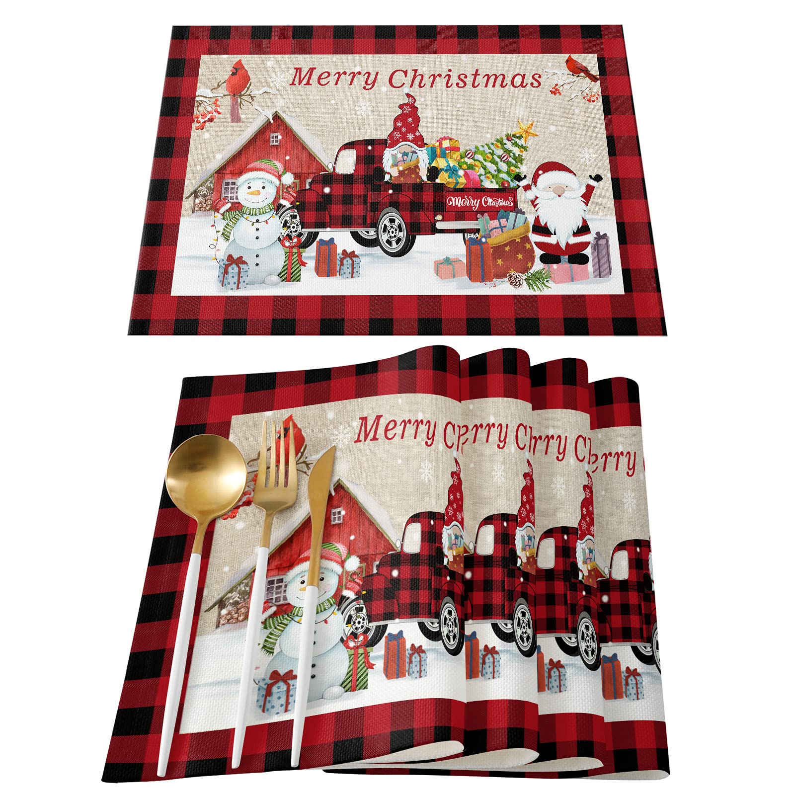 Christmas Placemats Set of 4 - Washable Holiday Table Mats with Xmas Truck, Gnomes & Snowman Design - 13x19 Inch Buffalo Plaid Dining Mats for Kitchen, Restaurant & Picnic Decor - Perfect for Holiday Dinners, Party Decorations & Festive Gatherings