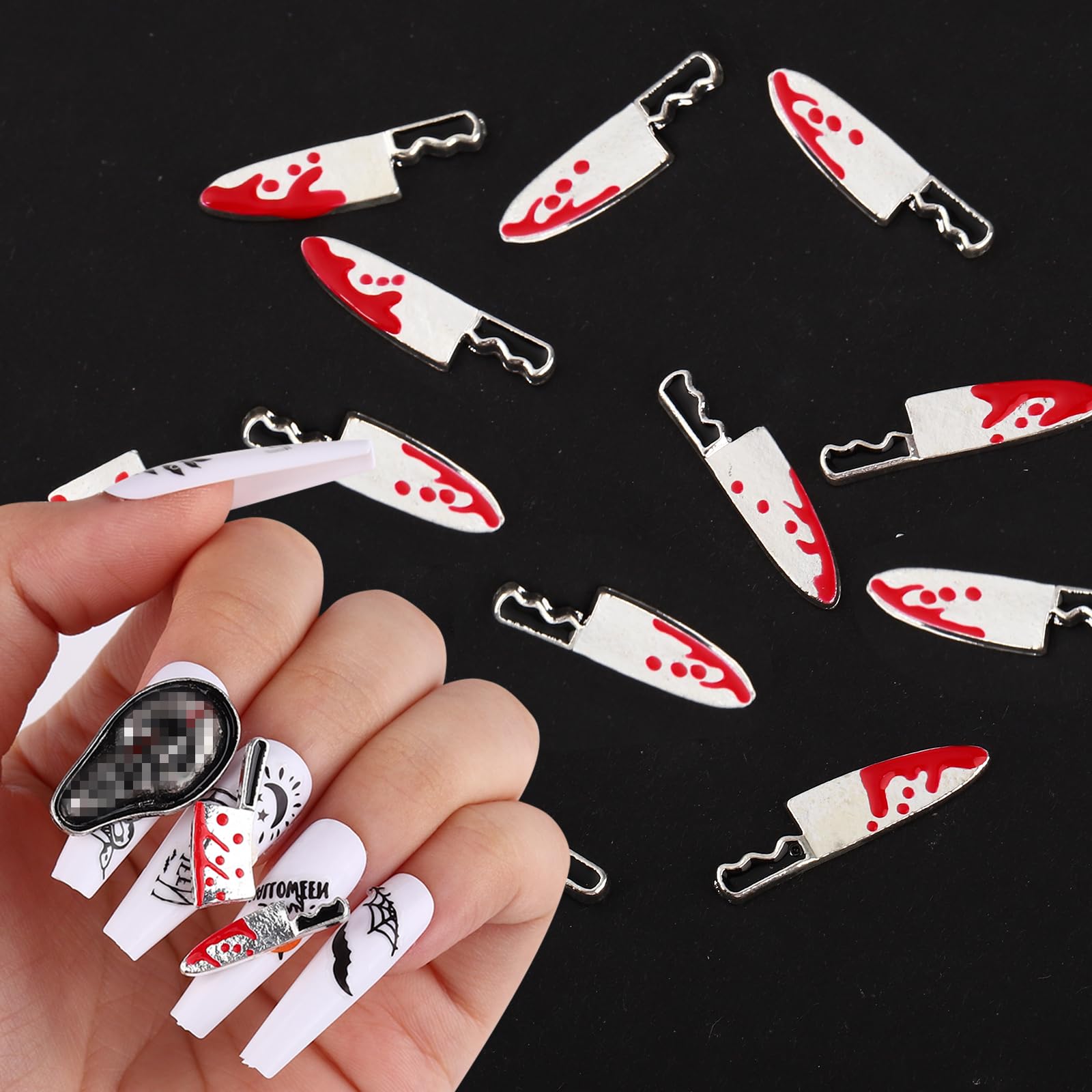 3D Silver Metallic Knife Nail Charms - 14pcs Gothic Alloy Sharp Nail Jewelry for Women & Girls | Halloween Manicure Accessories, Acrylic Nail Decor | Perfect for Goth Fashion, Costume Parties & Spooky Nail Art