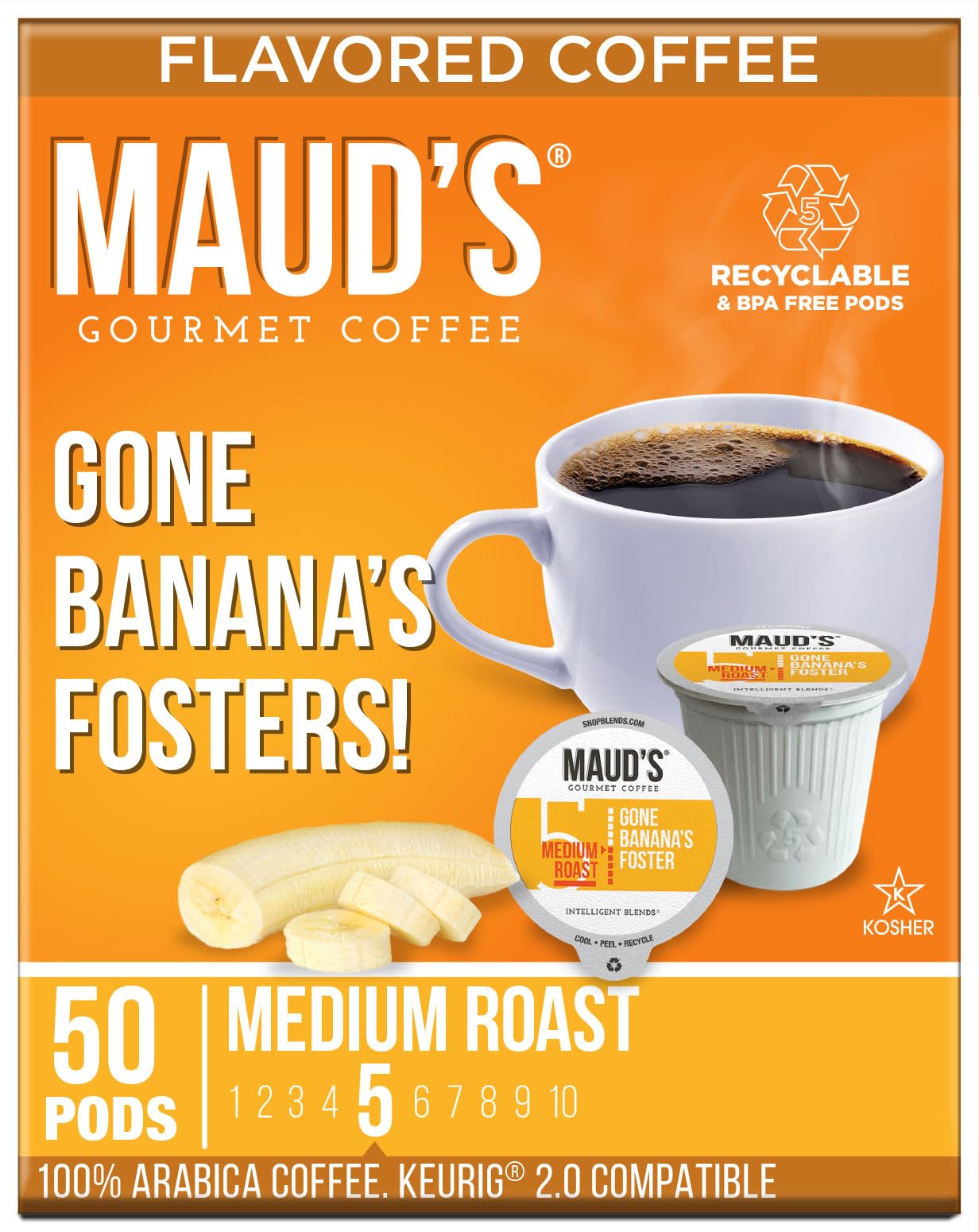 Maud's Banana Flavored Coffee Pods 50 Count - Medium Roast 100% Arabica Single Serve K-Cups | Recyclable & Keurig Compatible | Perfect for Breakfast, Office or Afternoon Break