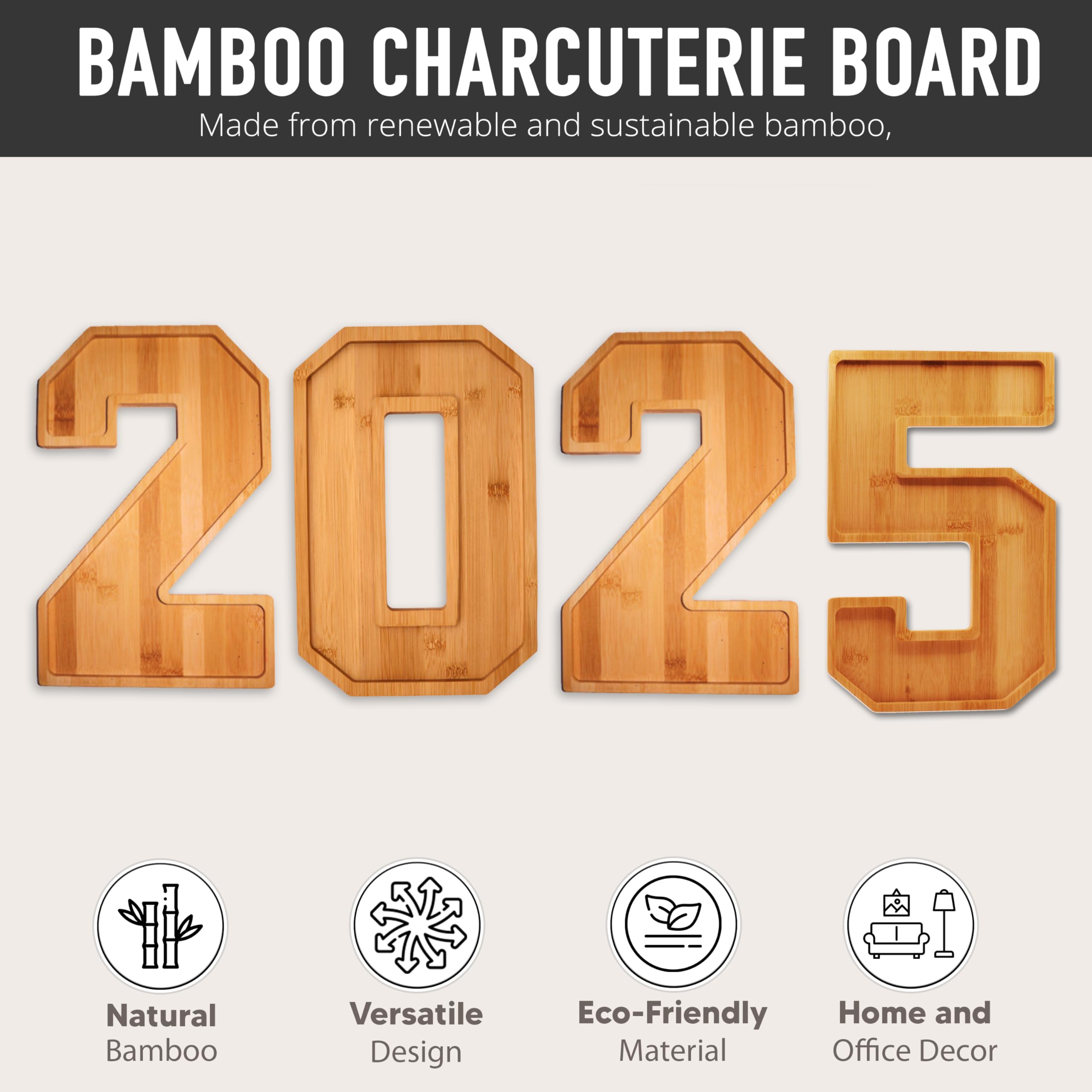 2025 Charcuterie Board with Numbers - Bamboo Cheese Tray for New Year's Party Decorations | Fillable Food Serving Platter for NYE Celebrations, Charcuterie Box & Appetizer Display