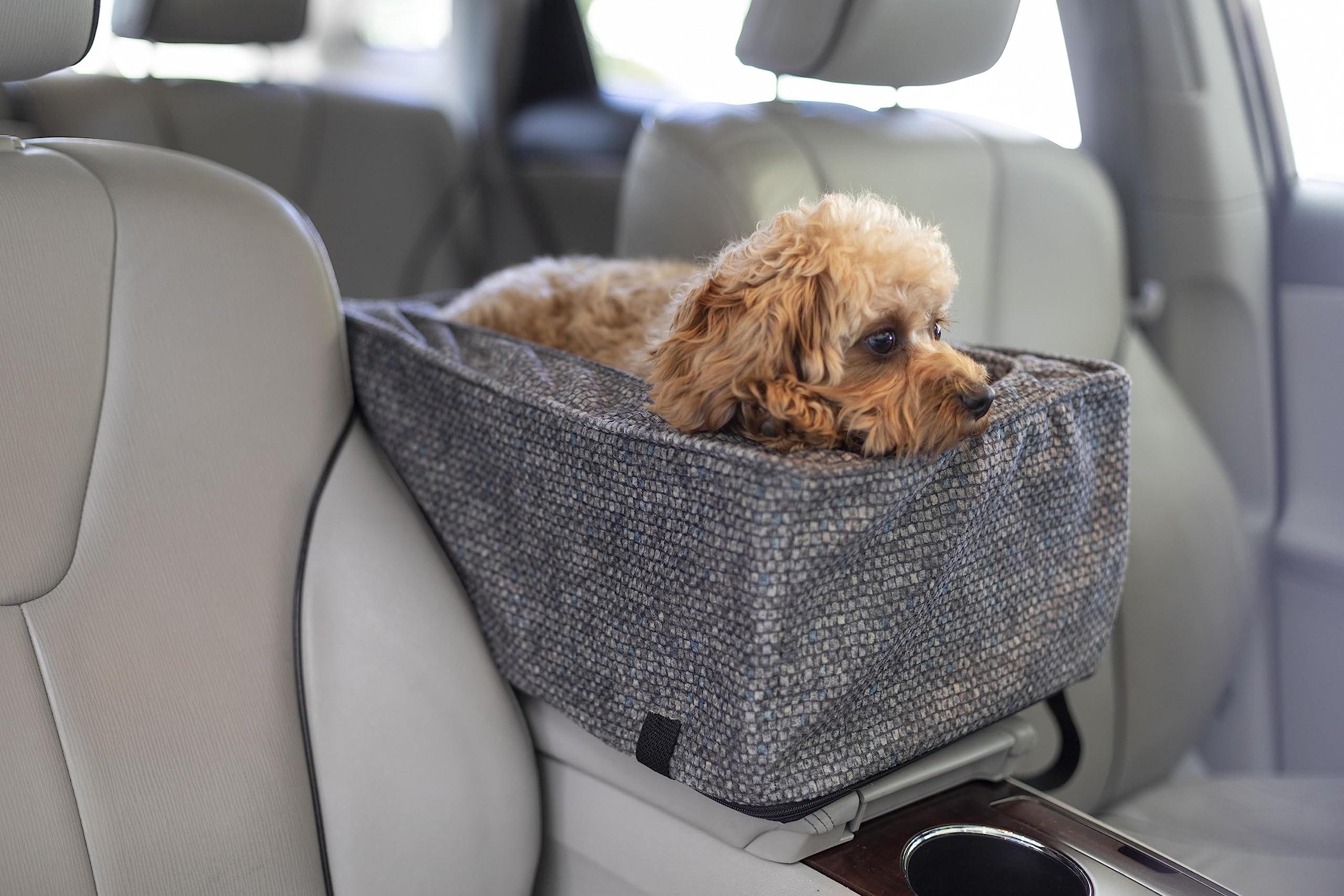 **Snoozer Large Center Console Dog Car Seat for Small Dogs Under 12 lbs - Washable Merlin Pewter Cover, Secure Harness Attachment - Perfect for Road Trips & Daily Commutes**