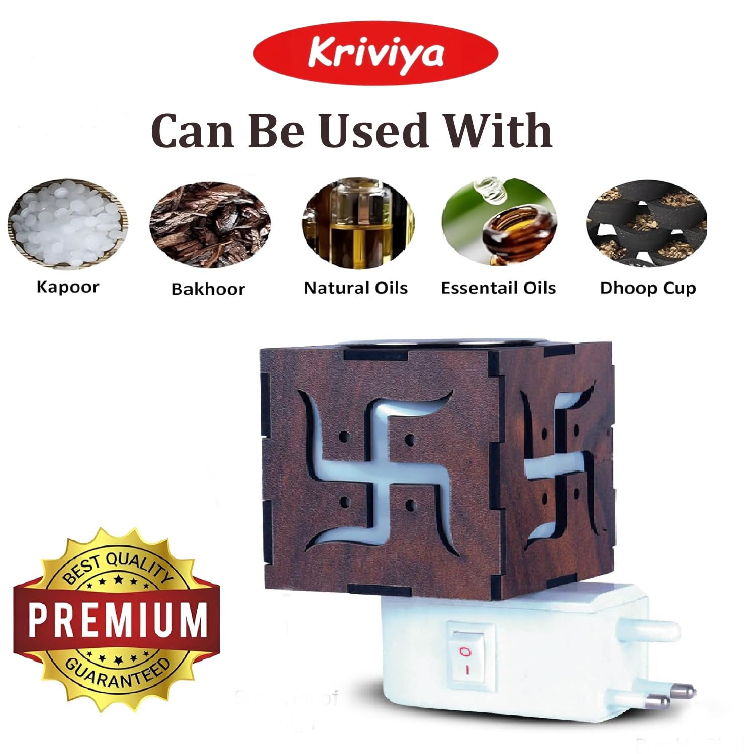 Kriviya Premium Electric Kapoor Dani - Aromatherapy Diffuser & Night Light for Home, Living Room | Camphor & Incense Holder with Wood Swastik Design | Perfect for Relaxation, Meditation & Home Decor