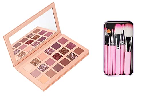 BLUSH18 Beauty 18-Color Nude Eyeshadow Palette with 7-Piece Pink Makeup Brushes - Perfect for Everyday Wear, Party & Professional Makeup Looks