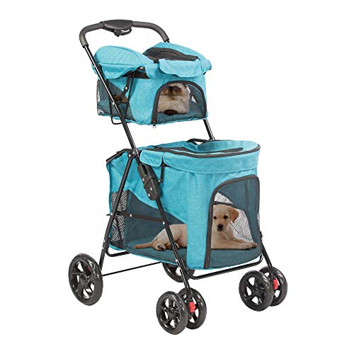 **Koreyosh Double Pet Stroller - Foldable Dog & Cat Carrier for Small Pets, Puppies & Kittens - Ideal for Twin or Multiple Pet Travel - Perfect for Parks, Shopping & Outdoor Adventures**
