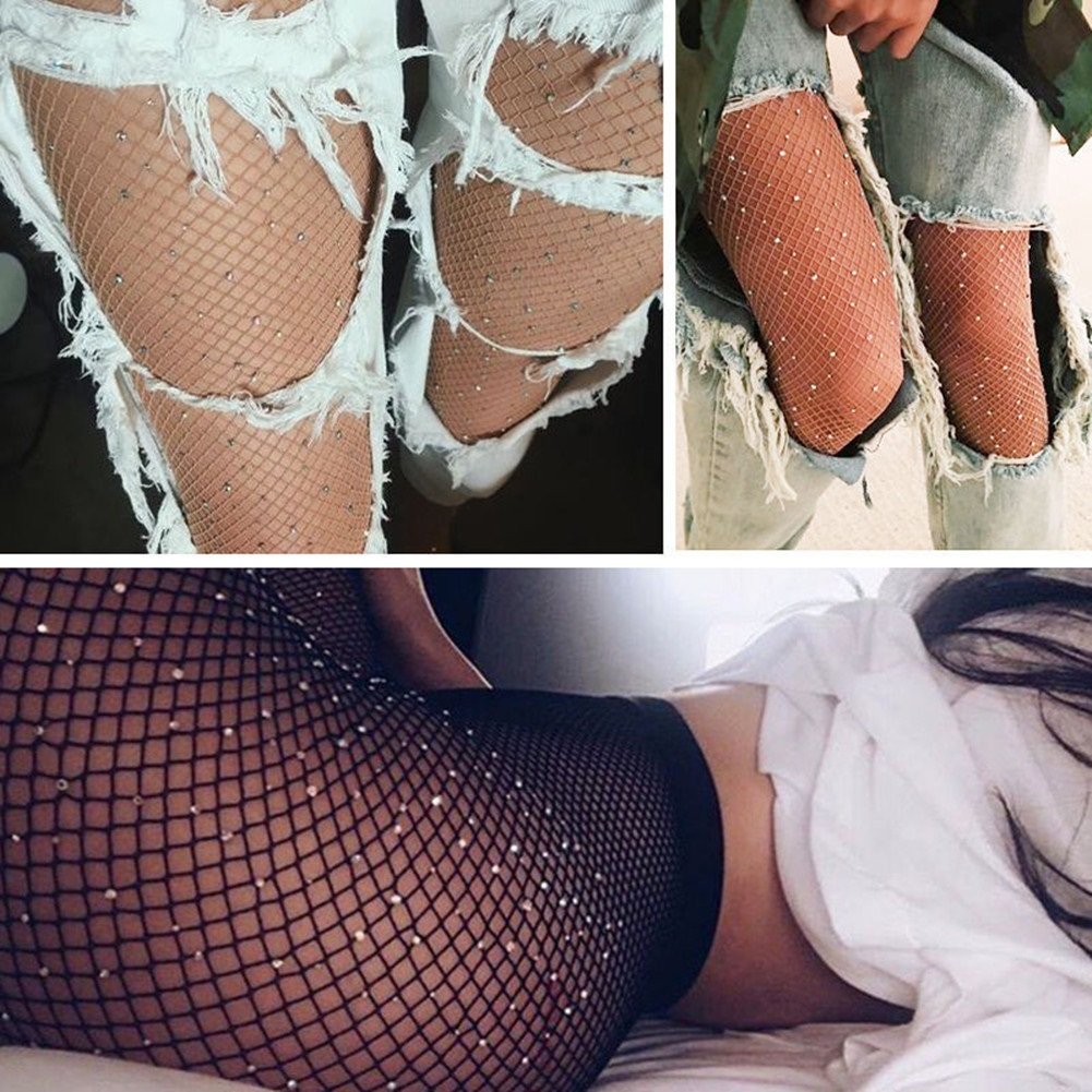 Delaman® Sexy Fishnet Stockings for Women - Crystal Sparkle Rhinestone Mesh Pantyhose (Black) | Perfect for Parties, Date Nights & Special Occasions